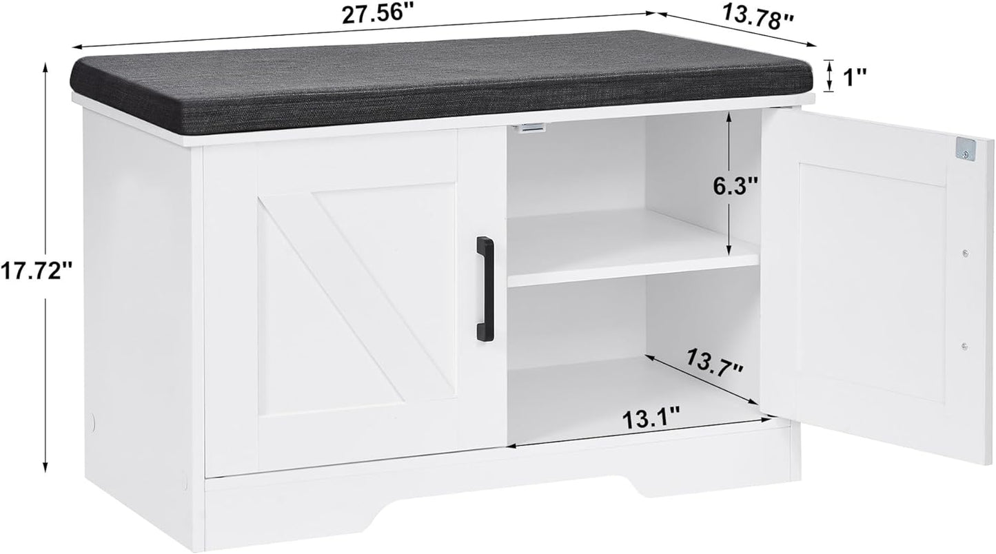 2-Tier Storage Bench, Shoe Bench with Padded Seat Cushion, Entryway Bench with 2 Barn Doors, Adjustable Shelf, 13.8" D x 27.6" W x 17.7" H, for Entryway, Living Room, Bedroom, White