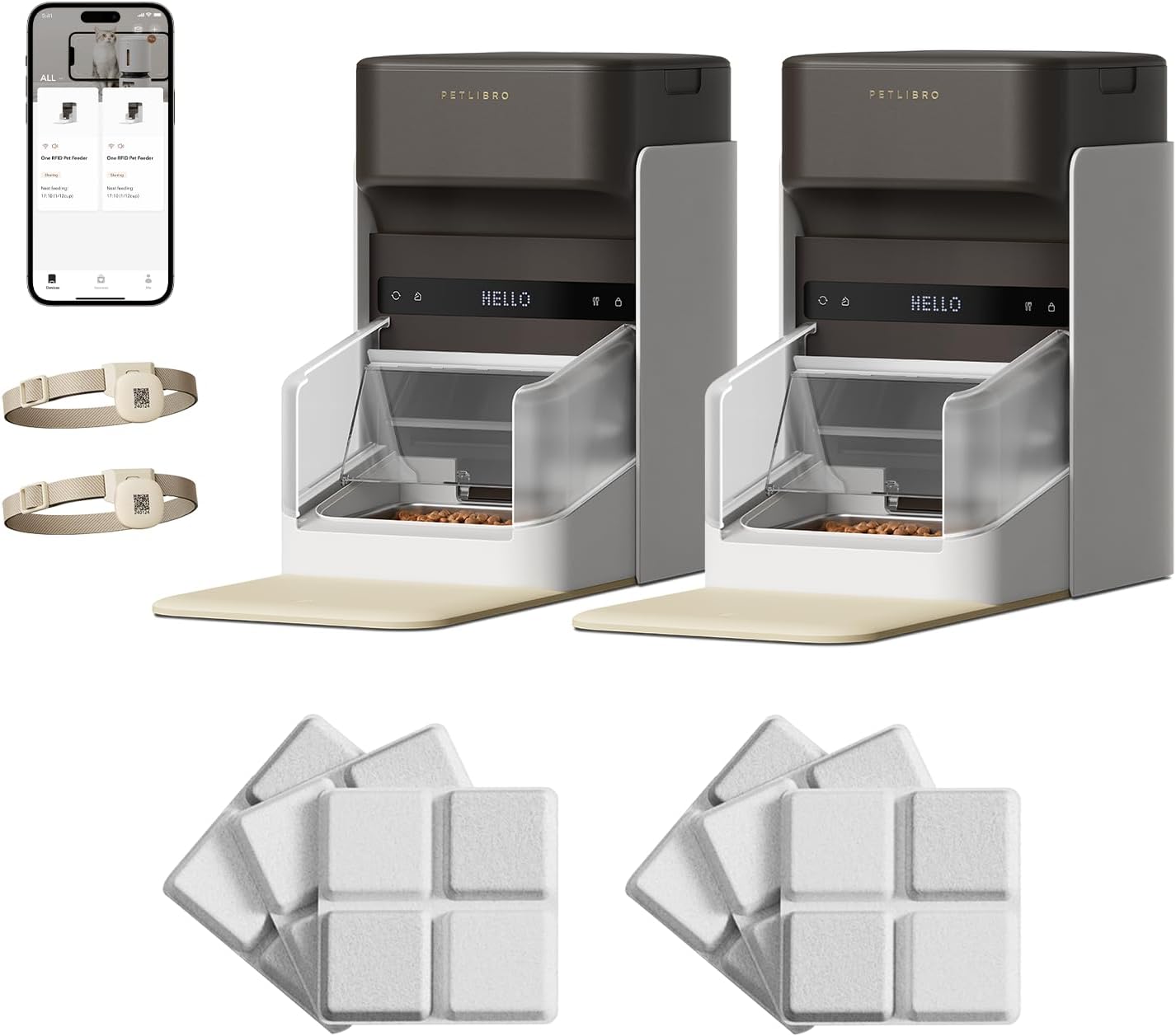 Bundle of PETLIBRO Upgraded RFID Automatic Cat Feeder, 2 Packs 5G Wi-Fi Automatic Pet Feeder, 3L Auto Cat Feeder App Control with Light Collar Tag + PETLIBRO 6 Packs Pet Food Desiccant Bag