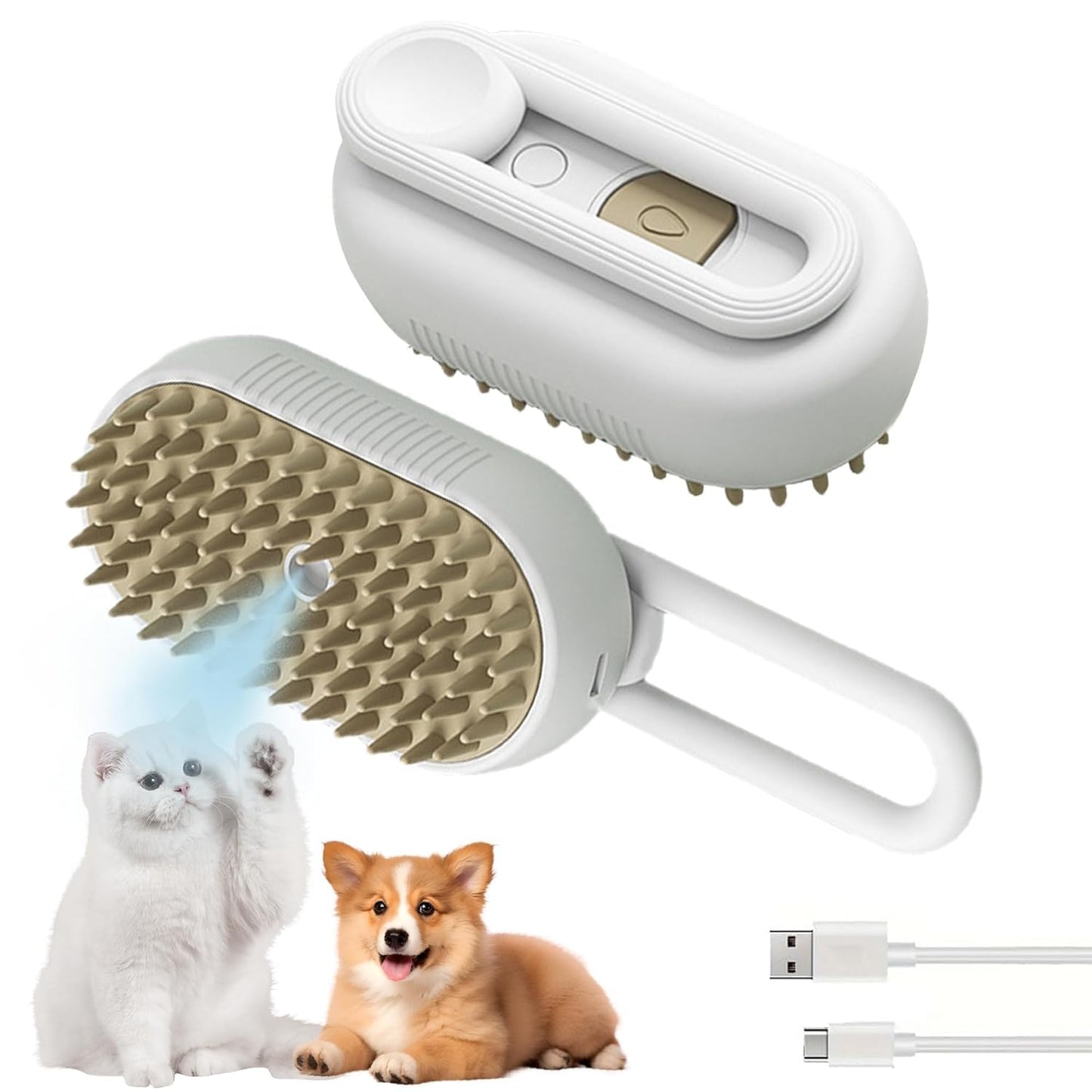 3-in-1 Cat Grooming Brush – Water Spray & Self-Cleaning Shedding Brush for Cats & Dogs – Pet Hair Removal & Massage Comb for Long & Short Hair (White). (White)