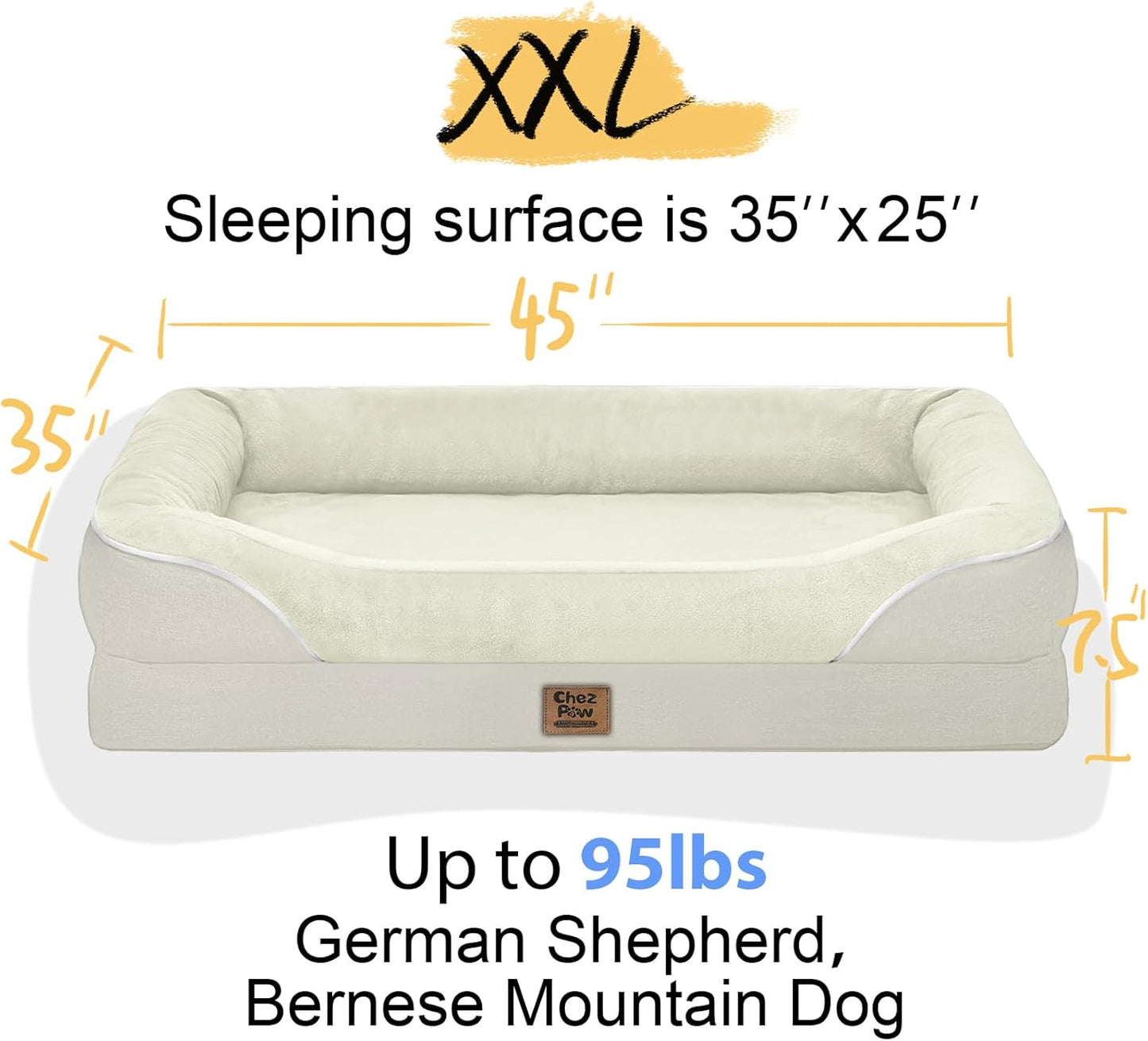 Washable Orthopedic Large Dog Bed - Extra Large Dog Beds with Bolsters Removable Orthopedic Foam Support Dogs Bed for XL Large Size Dogs with Waterproof Cover Non-Slip Bottom Pet Beds