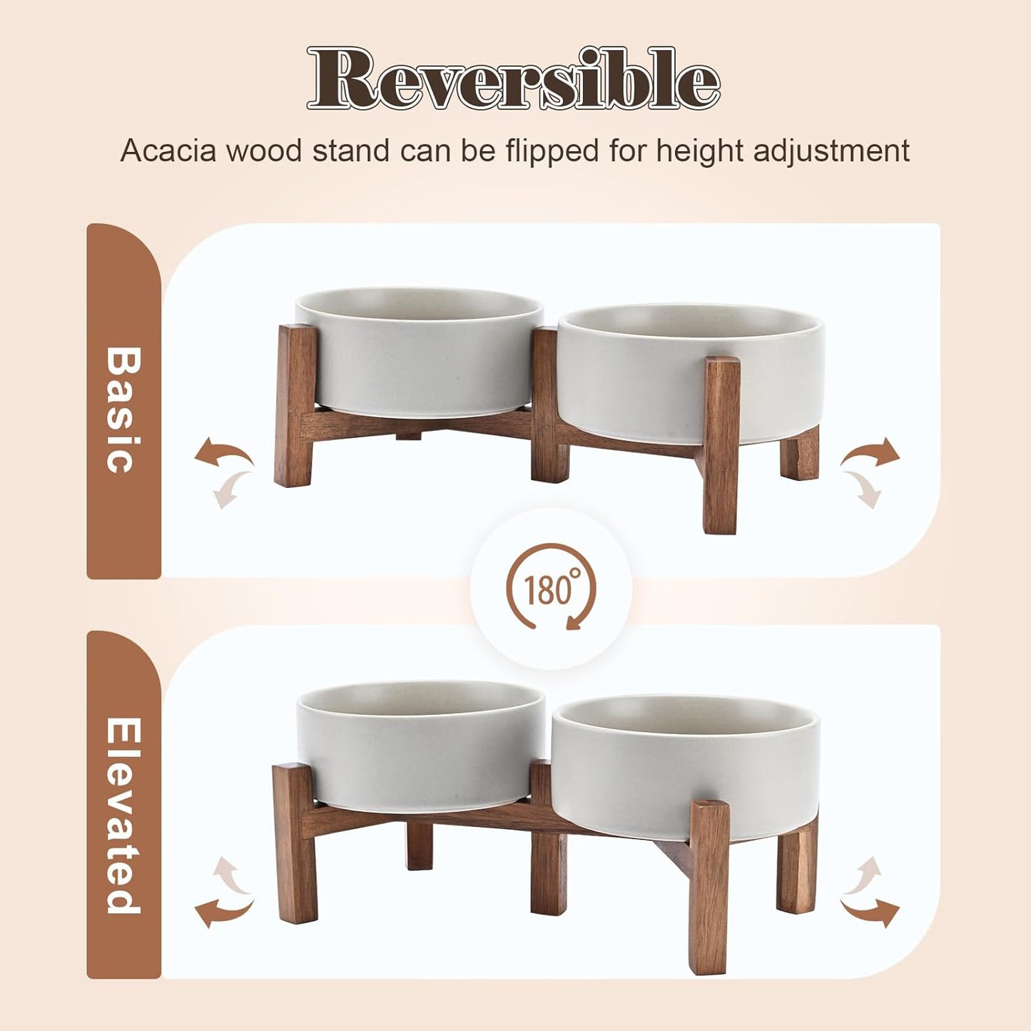 SPUNKYJUNKY Ceramic Dog Bowls with Acacia Wood Stand - Raised Dog Food and Water Bowl Set for Medium Dogs (28.74 OZ, Gray)