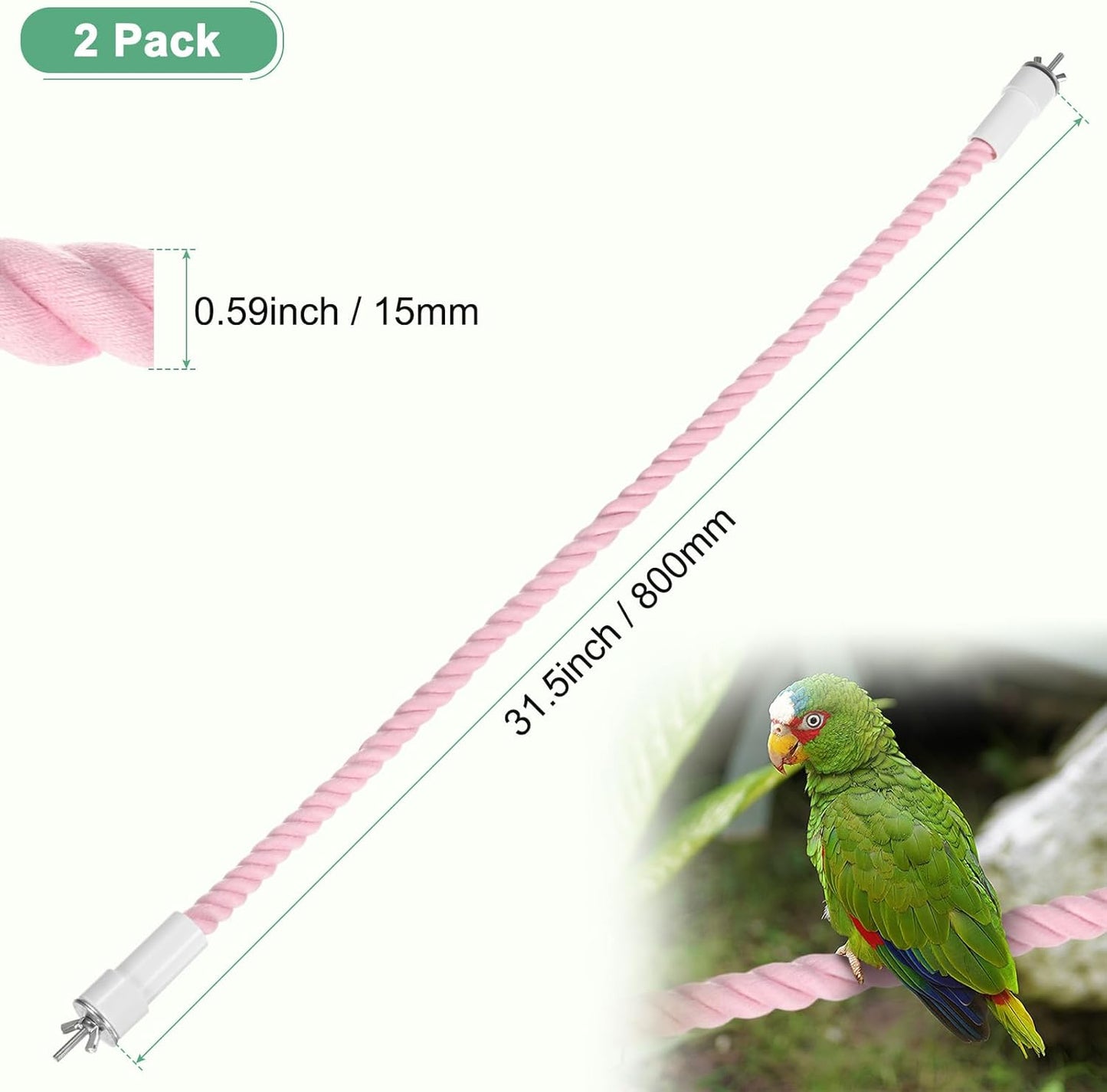 2-Pack Rope Perches for Bird Cages, 31.5 in Length Comfort Grip Flexible Rope Perch Beak & Paw Grinding for Parrots/Cockatiels/Parakeets, Bird Platform Sand [Pink]