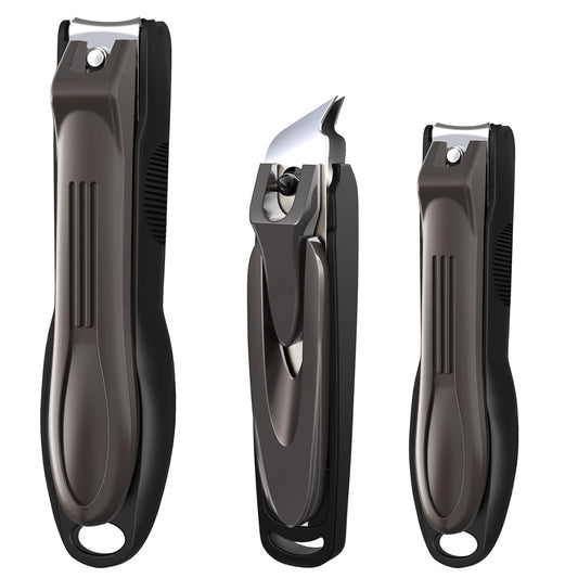 GLAMFIELDS Nail Clipper with Catcher, 3 Pack No Splash Fingernail Toenail Clipper,Slanted Edge Nail Clippers Stainless Steel Nail Cutter Nail Trimmer, Good Gift for Men and Women