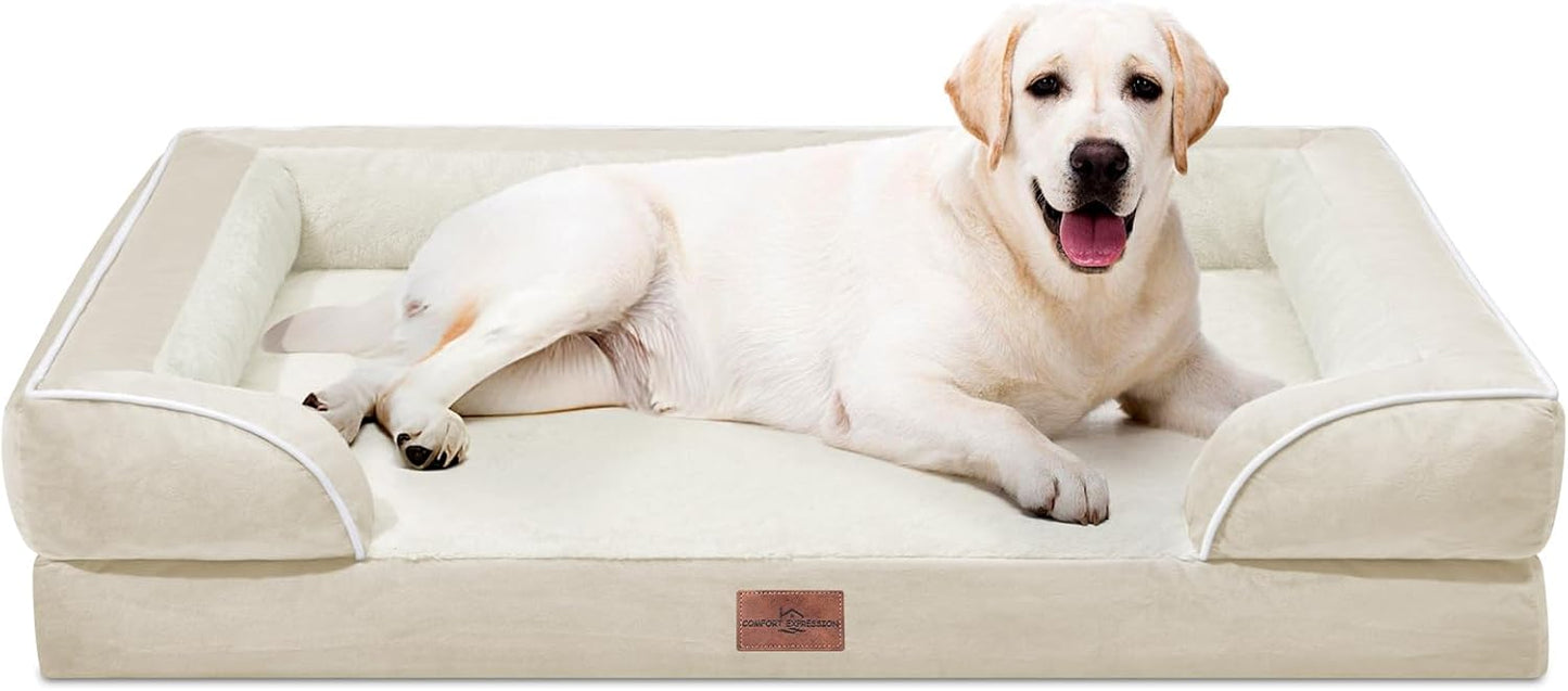 Comfort Expression Orthopedic Jumbo Dog Beds Waterproof, Extra Large Dog Beds Jumbo Breed, PV Washable Pet Sofa Couch with Removable Cover & Non-Slip Bottom(Beige)