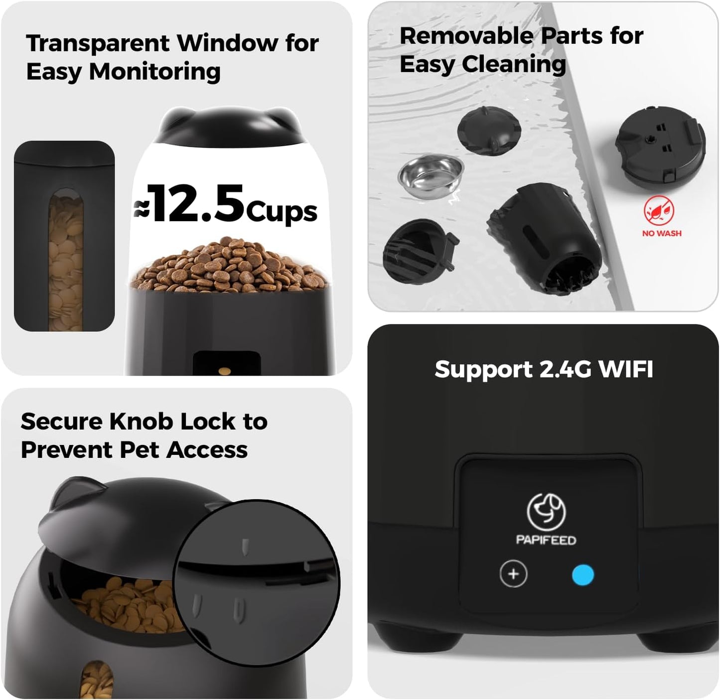 PAPIFEED Automatic Cat Feeder, 2.4G WiFi Auto Cat Food Dispenser with App Control, 3L Auto Pet Feeder with Dual Power Supply, Detachable for Easy Clean for Cats and Small Dogs, Black