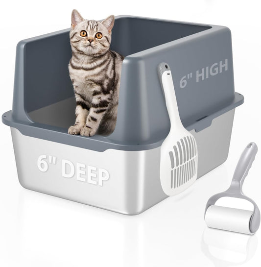 Litter Box with Lid, Stainless Steel Litter Box, 12" Metal Litter Pan High Sides, Small Litter Tray for Kittens, Cat Litter Tray Covered Grey, Easy Clean