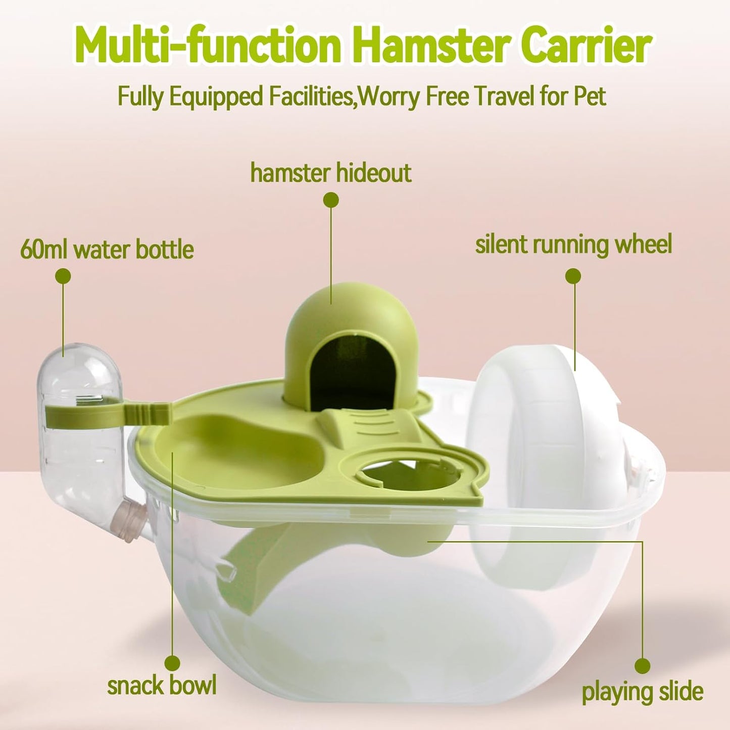 Portable Hamster Carrier Cage,Plastic Hamster Travel Carrier with Water Bottle Food Bowl,Green Lightweight Carrying Case for Small Animal Dwarf Syrian Rat Mice