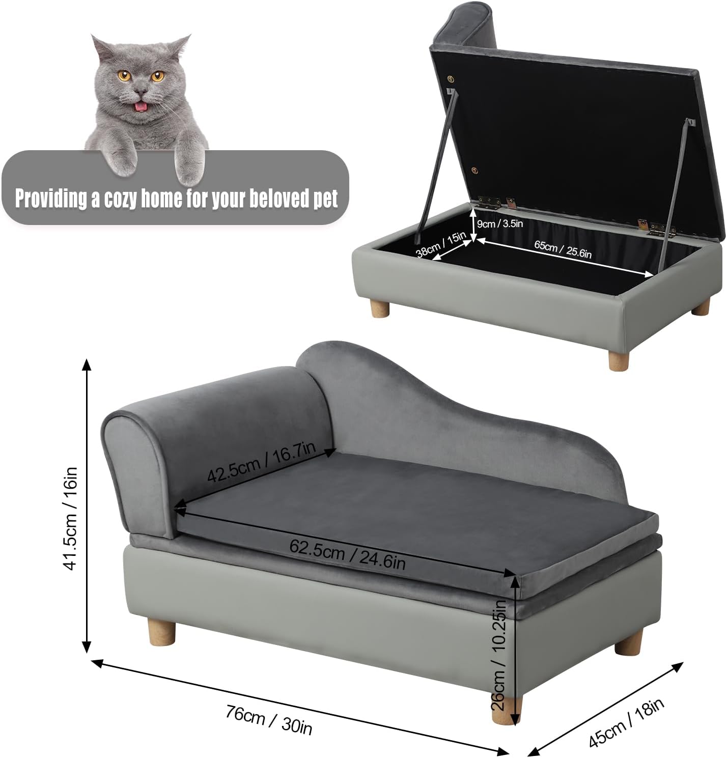 Pet Bed Sofa, Puppy Bed with Storage, Small Dog Couch with Removable & Washable Cushion, Comfy Pet Couch Bed for Cats & Puppy (Gray)