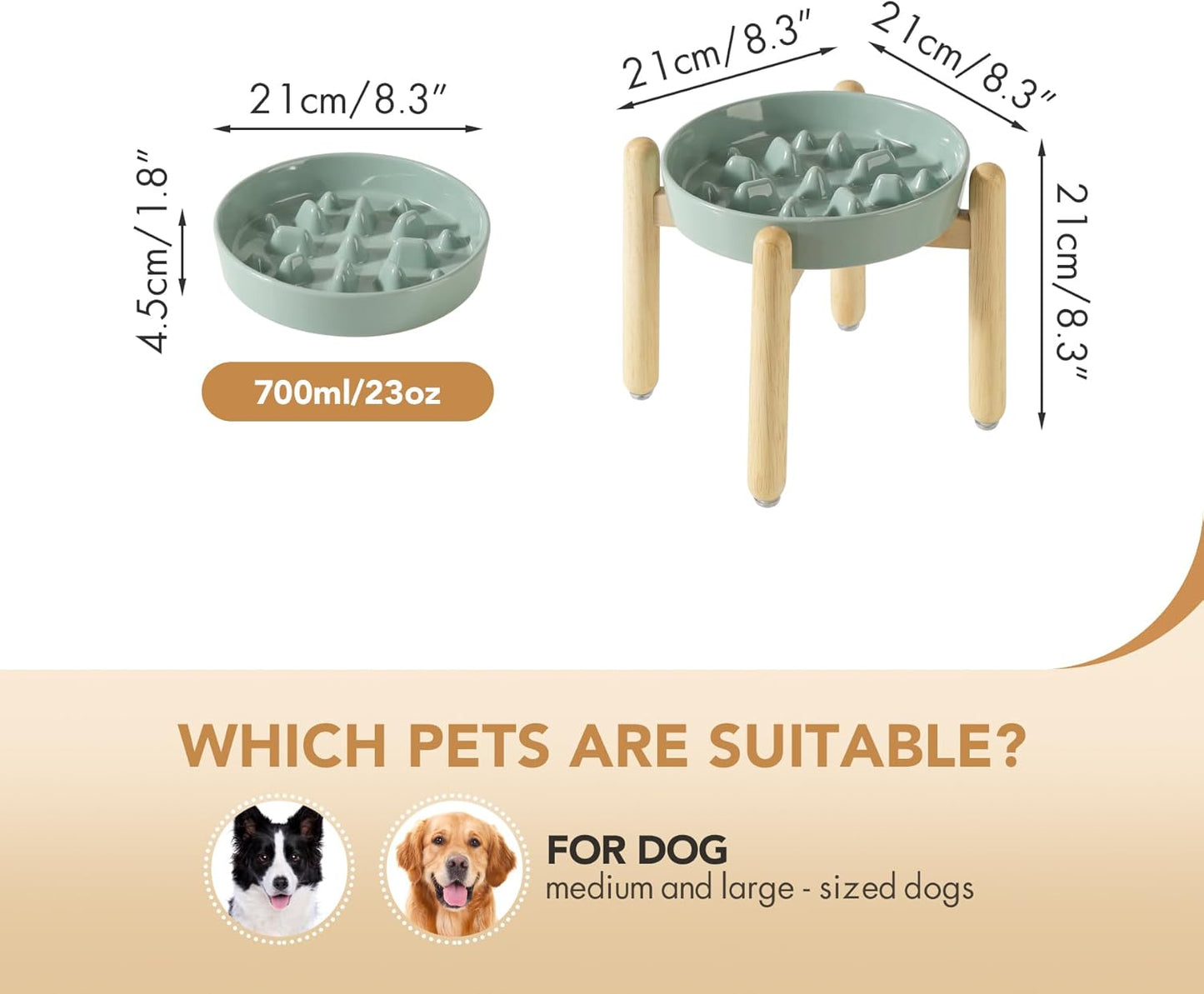 8.2inch Ceramic Dog Raised Slow Feeder Set, Elevated Bowl with Wooden Stand for Large and Medium Dog, Slow Feeder Dish for Fast Easters, Stop Bloat(Light Green, Single Bowl+ Stand)