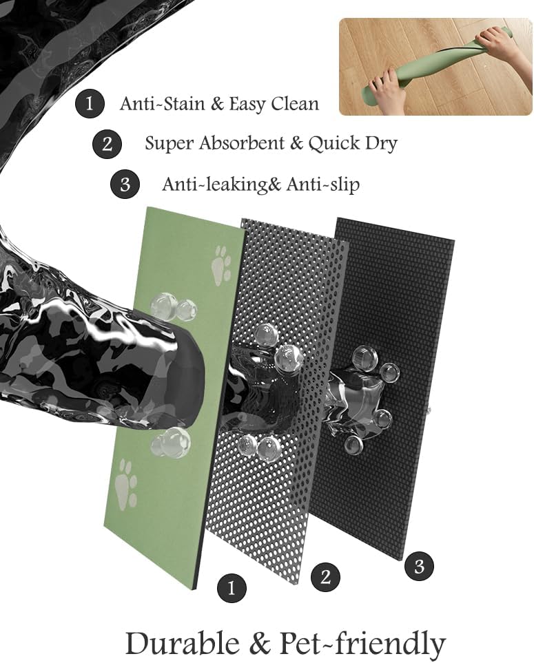 Pet Feeding Mat-Absorbent Dog Mat for Food and Water Bowl-No Stains Quick Dry Water Dispenser Mat-Dog Accessories Pet Supplies-Bowl for Messy Drinkers（Green,23"x34"