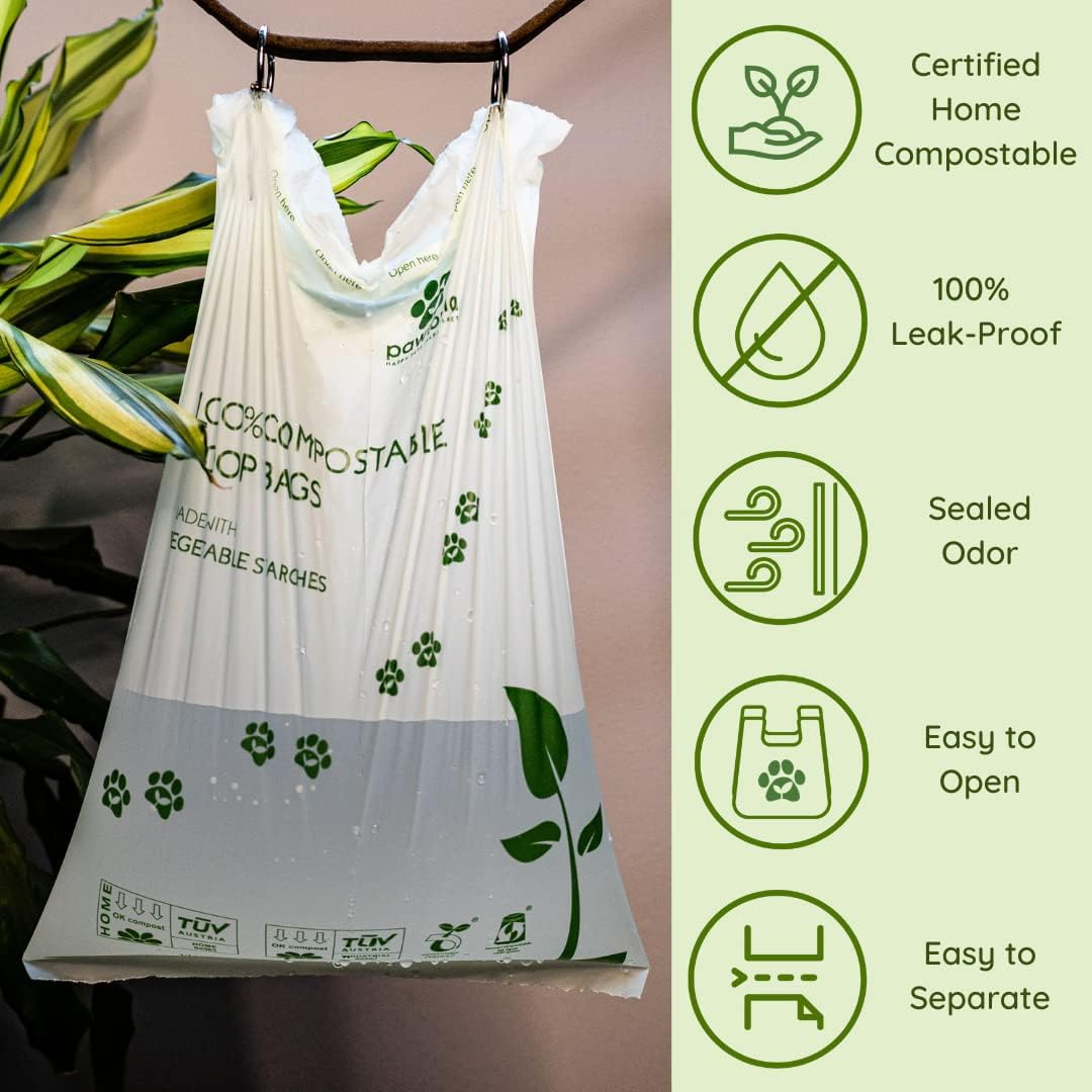 Pawtria Certified Home Compostable Dog Poop Bags (240) + Kraft Paper Dispenser, Biodegradable Poop Bags, Cat Litter, Vegetable Starches, Leak proof Dog Waste Bags, Easy to Open