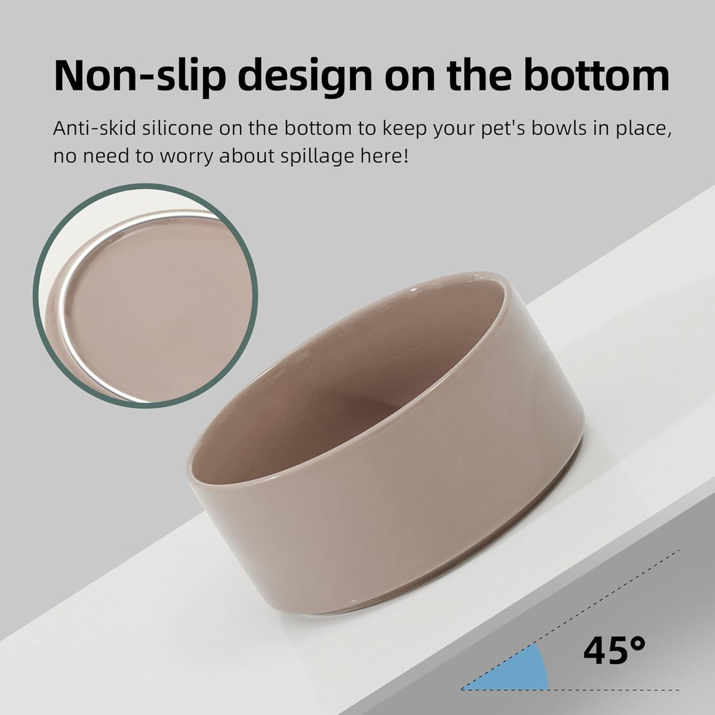 Ceramic 7.3inch Raised Double Bowls Set with Wooden Stand, Food & Water Bowls for Medium Breed Dogs, Weighted Dog Dishes, Pet Feeder(Brown Coffee)