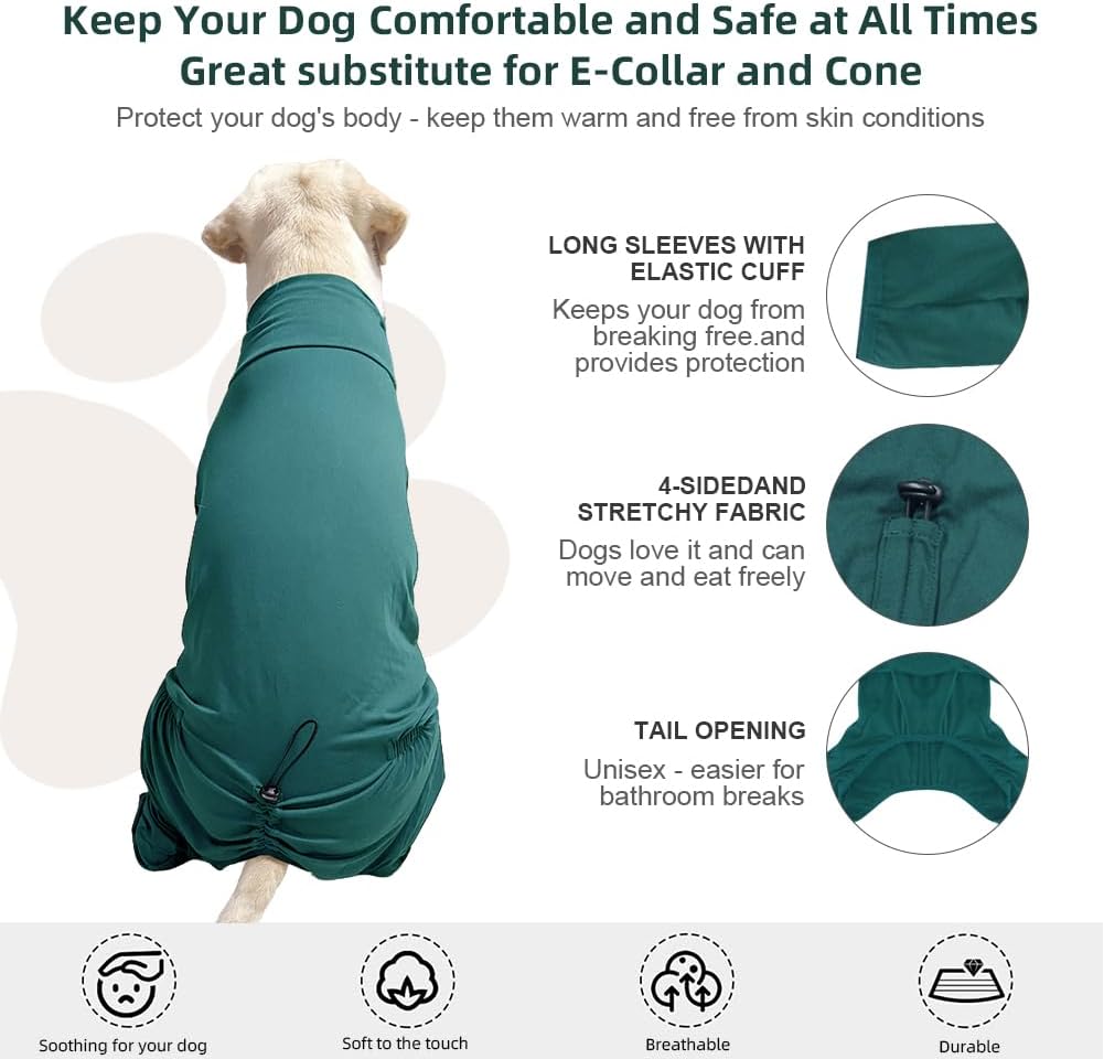 Dog Pyjamas PJS Sweater Clothes and Home Clothing Suitable for Small to Medium Breeds of Dogs, Dog Neutering Suits, Extra-Large Stretch Fabric, Four-Legged Clothes (Thin Dark Green, XL)