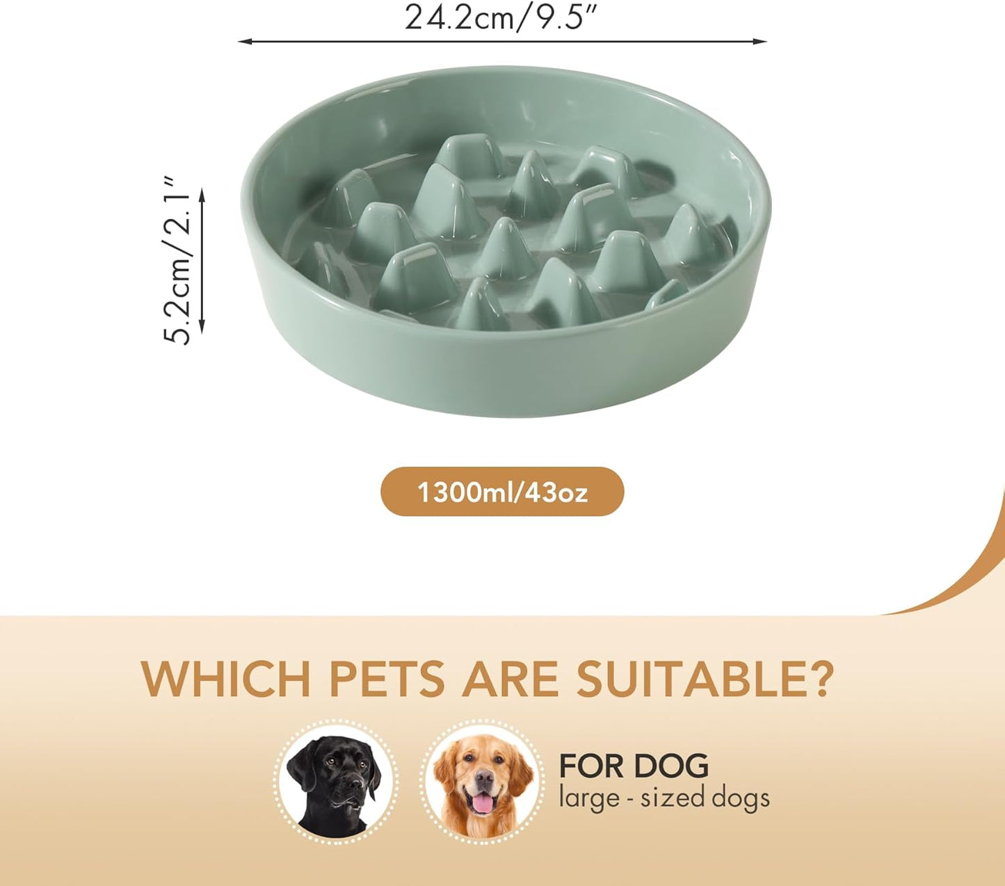 Ceramic 9.5 inch Dog Bowl Slow Feeder, Slow Pet Food Dish for Large Dog, Stop Bloat, Preventing Choking(Single Bowl,Light Green)
