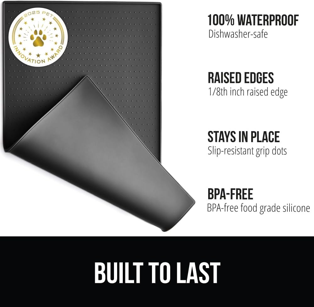 GORILLA GRIP 100% Waterproof Raised Edge BPA Free Silicone Pet Feeding Mat, Dog Cat Food Mats Contain Spills Protects Floors, Placemats for Cats and Dogs Water Bowl, Pets Accessories 23x15 Charcoal