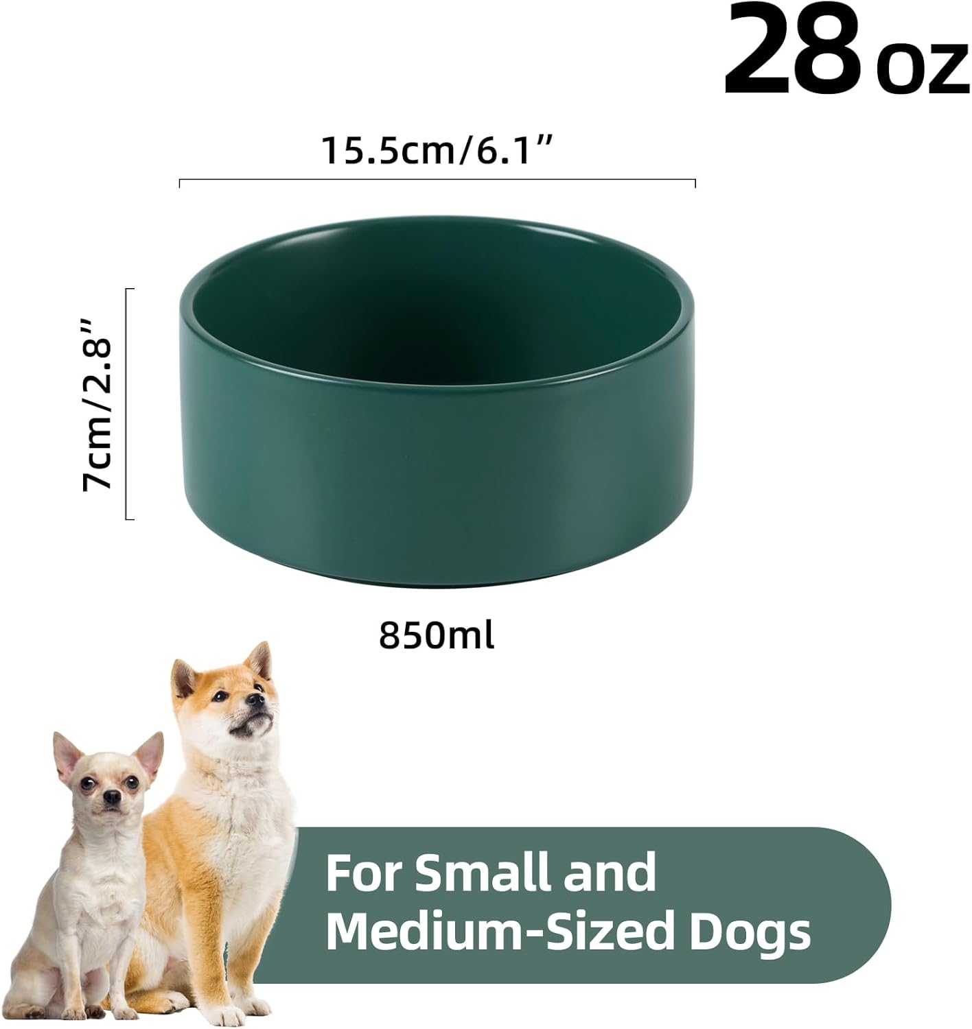 Ceramic 6.1inch Non-Slip Dog Food and Water Bowl for Small & Medium Breed Dogs,Pet Bowl for Replacement, Protects Cervical Spine (Green)