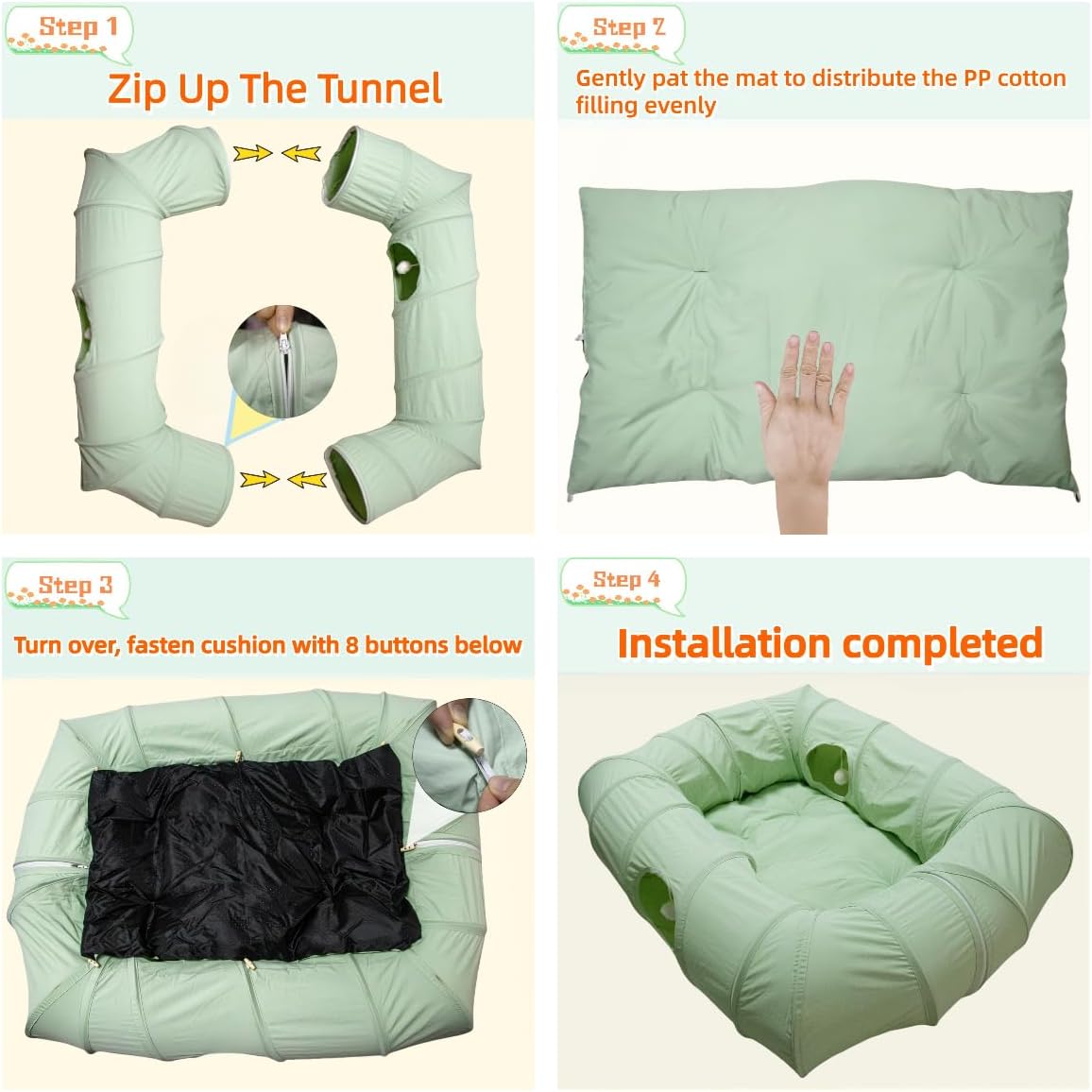 XxingSheep 4 Ways Shuttled XL Cat Tunnel Bed for Indoor Cats Peekaboo Cat Cave Donut with Cool Mat (Green)
