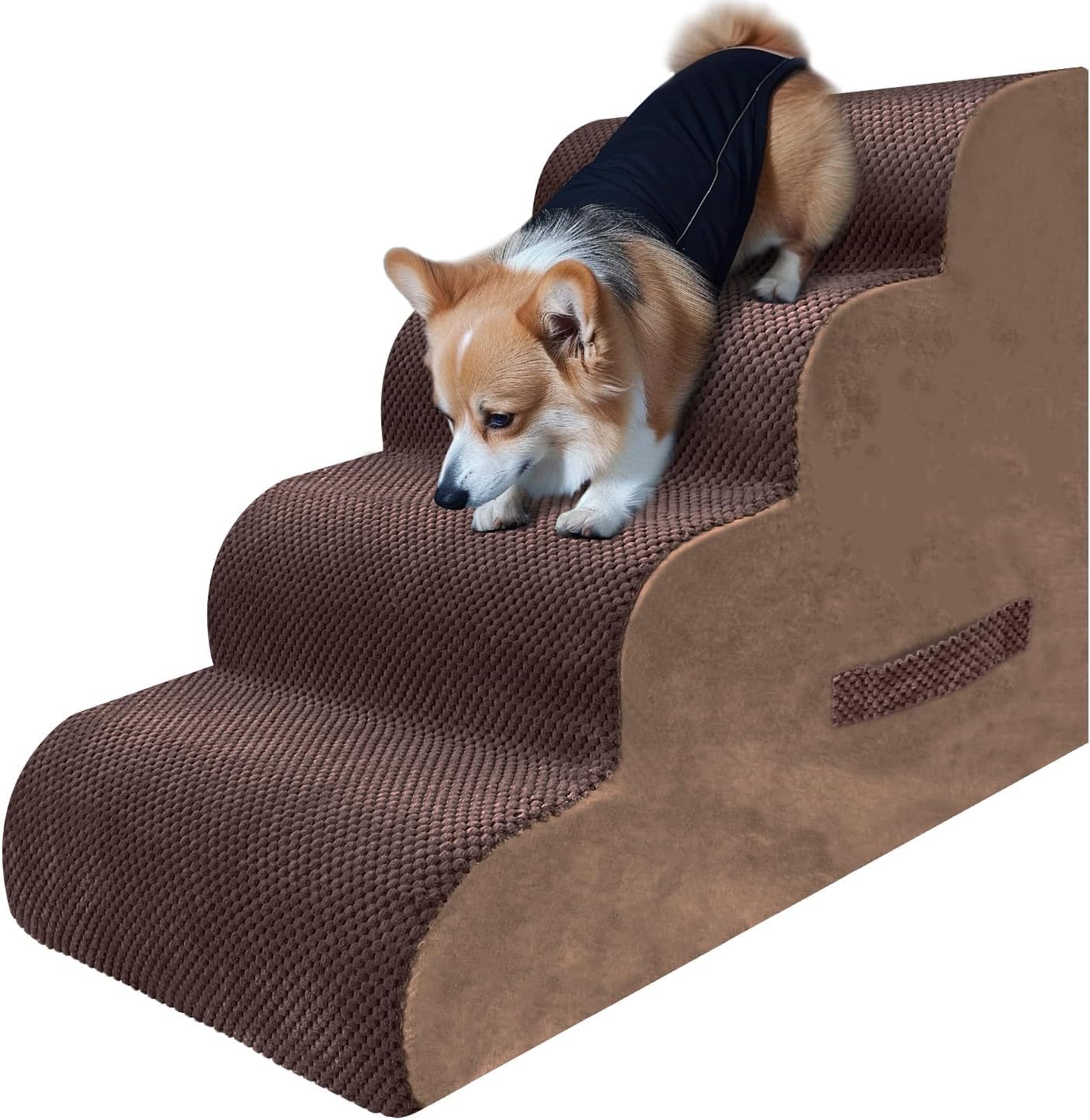 PAWSCART Dog Stairs for Small Dogs and Cats, 4-Step Dog Steps for Bed, 19.6" H Pet Stairs for High Bed, Pet Ramp for Couch, Sofa, Non-Slip Surface Removable Washable Cover, Brown
