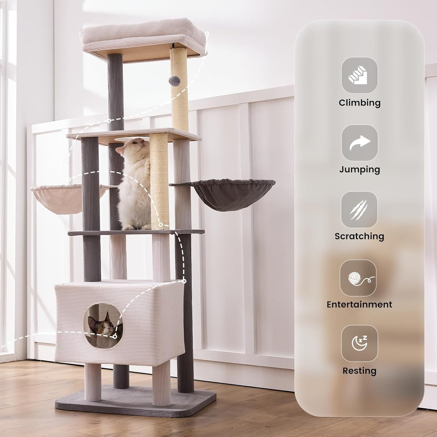 Gardner Pet 65in Heavy Duty Cat Tree Tower for Large Cats, Multi-Level Cat Furniture with Replaceable Sisal Scratching Post, Hammock | Extra-Large Platform & Condo Easy to Clean (Corduroy)