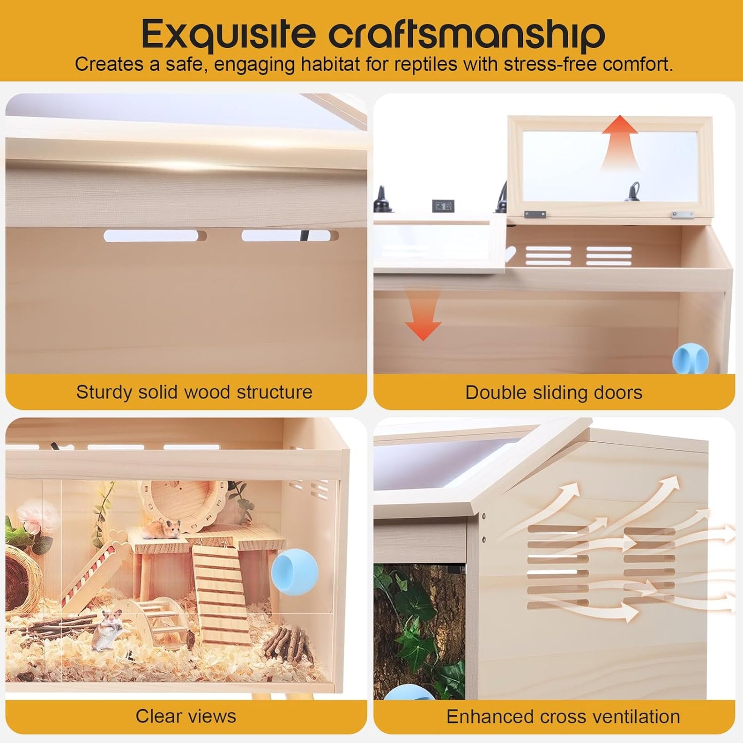 Reptile Terrarium with Stand & Ventilation - 33 Gallon Bearded Dragon Tank, Wood & Acrylic Enclosure, Reptile Tank Includes Waterproof Liner & Screwdriver (32.7" L x 14.5" W x 16.3" H)