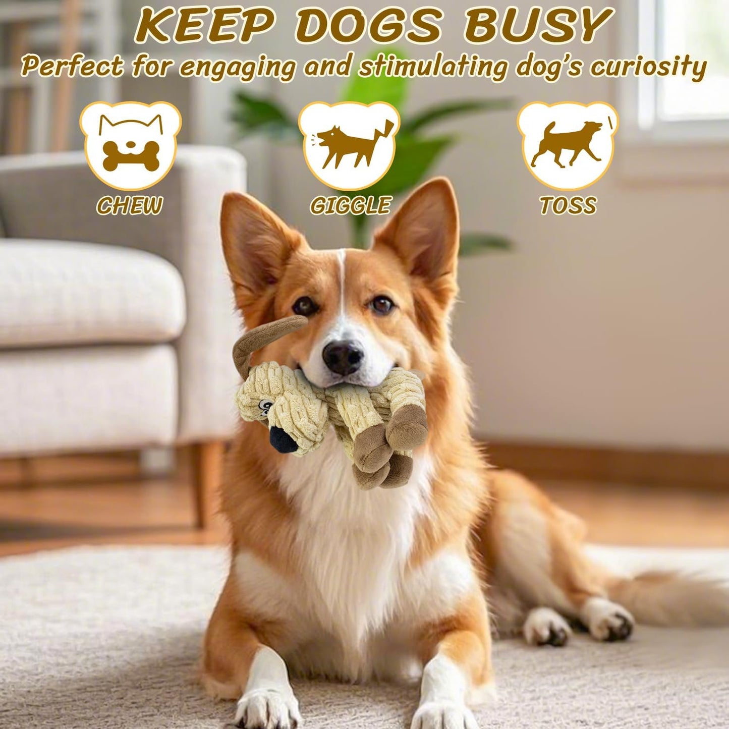 Squeaky Stuffed Dog Toys, Chew Toy for Large Medium Small Breeds, Plush Dog Toys to Keep Them Busy, Puppy Teething Dog Toy, Crinkle Dog Toy (Khaki Dog)