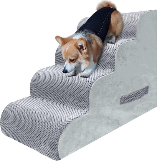 PAWSCART Dog Stairs for Small Dogs and Cats, 4-Step Dog Steps for Bed, 19.6" H Pet Stairs for High Bed, Pet Ramp for Couch, Sofa, Non-Slip Surface Removable Washable Cover, LightGrey