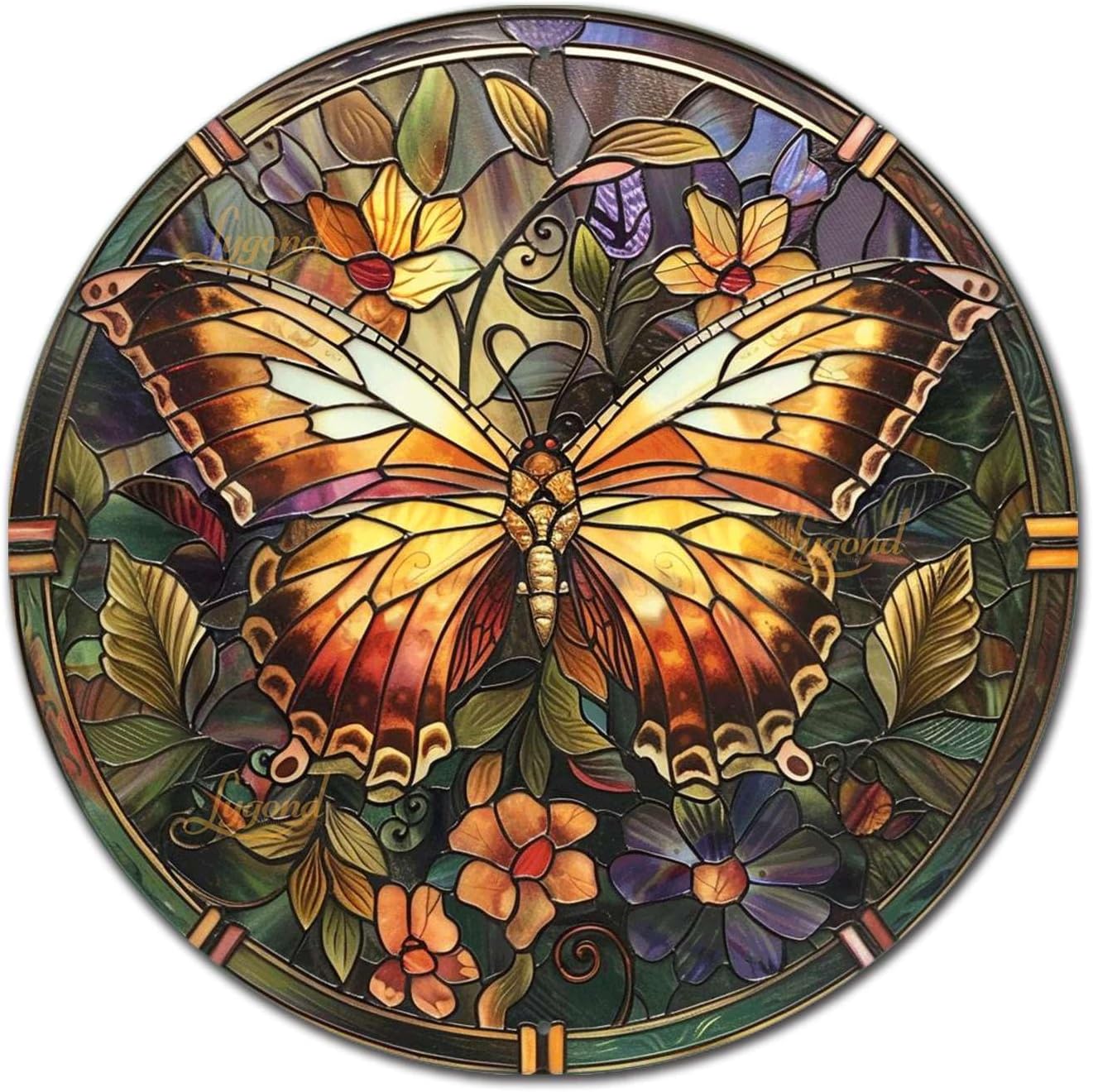 Lygond Metal Sign Tin Sign Circular Stained Glass Butterfly Funny Bathroom Decor for Garage 8×8 Inches