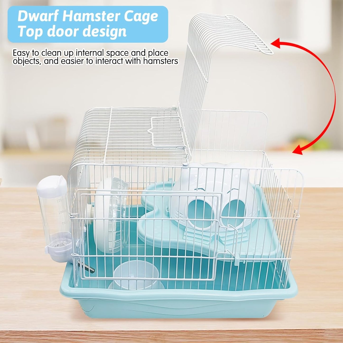 PINVNBY Dwarf Hamster Cage, Small Animal Cages, 2-Tier Travel Portable Mouse Cage Hamster Carrier with Castle House Running Exercise Wheels, Water Bottle and Food Dis（Blue）