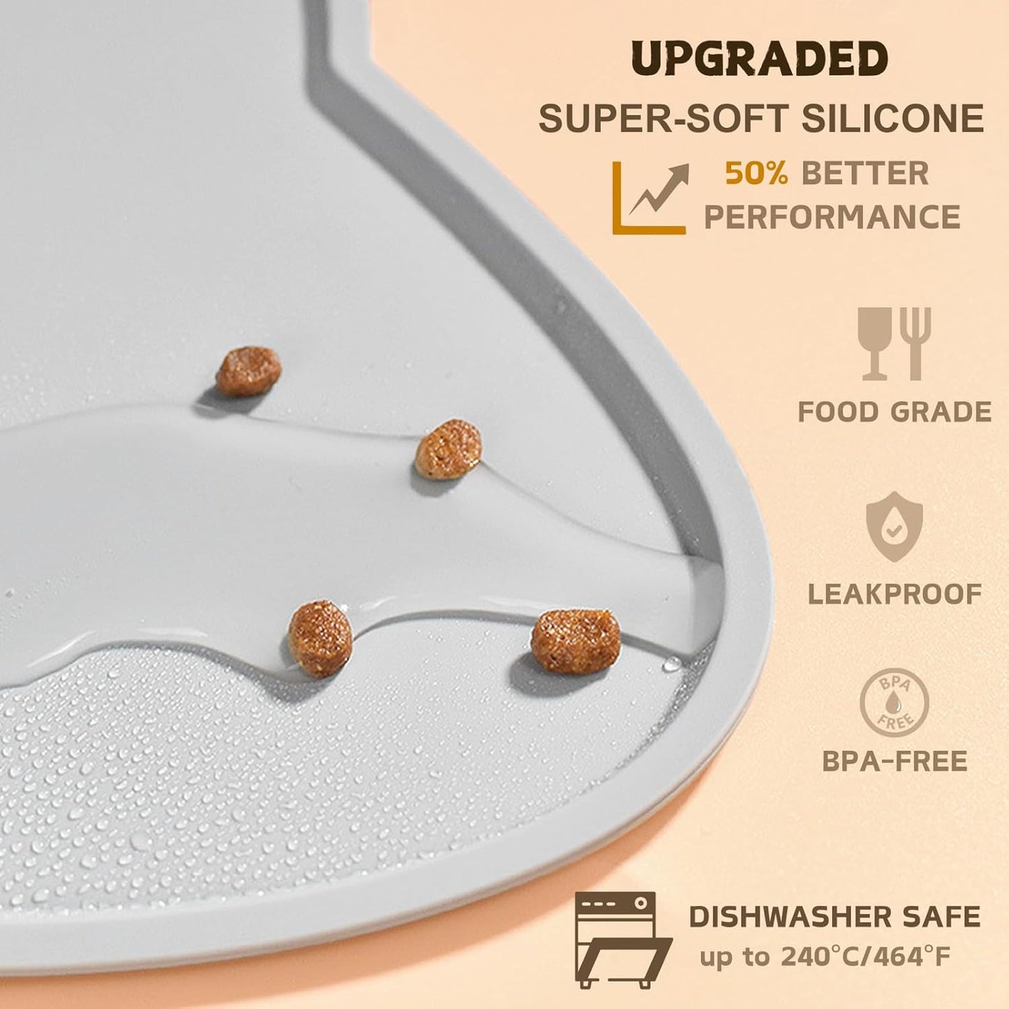 Cat Food Mat, Silicone Pet Feeding Mat for Floor Non-Slip Waterproof Dog Water Bowl Tray Cushion (20" x 12", Light Gray)