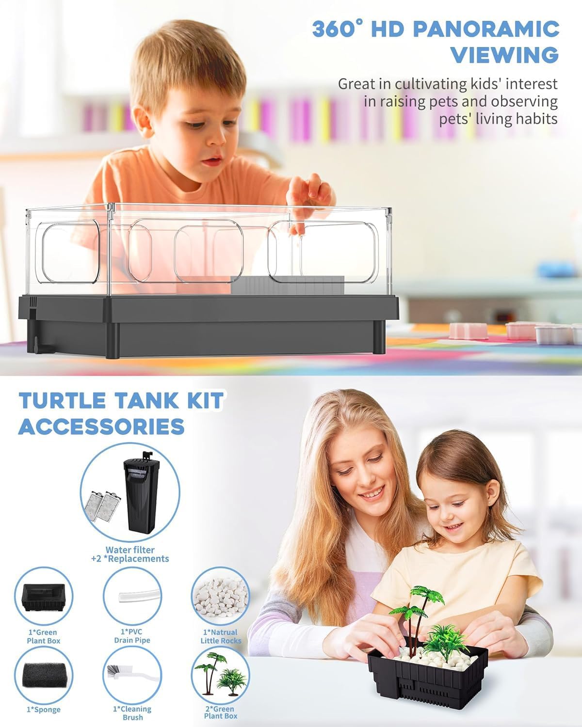 Small Turtle Tank, Aquarium, Acrylic Terrarium with Basking Platform, Bottom Drainage, Multi-Function Areas for Turtles, Crabs, Crayfish, Reptiles.(Black)