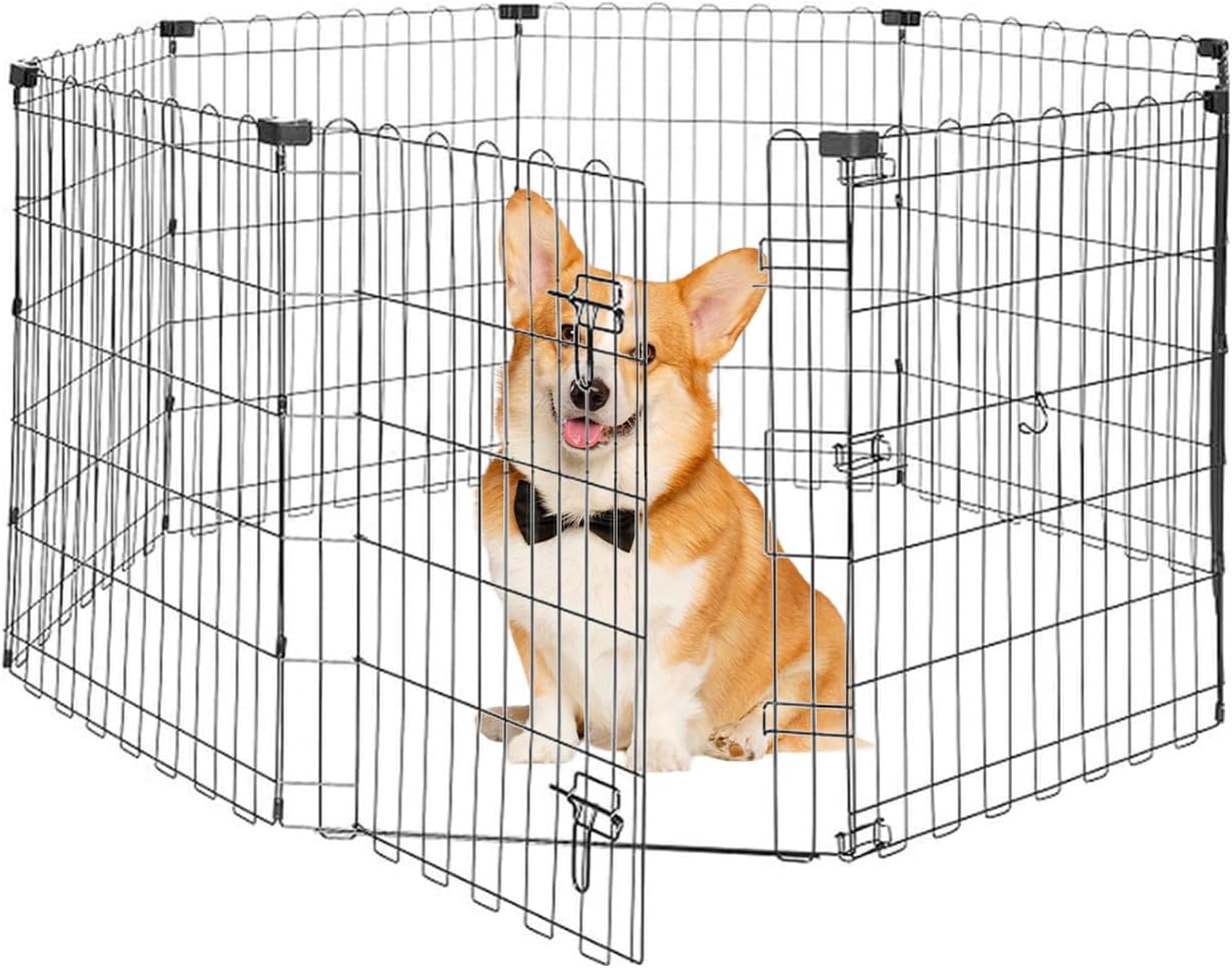 Foldable Dog Playpen 30" Height 8 Panels Metal Exercise Pen with Door - Indoor/Outdoor Puppy Playpen for Small Dogs, Portable Pet Fence for Yard Garden Camping, Black