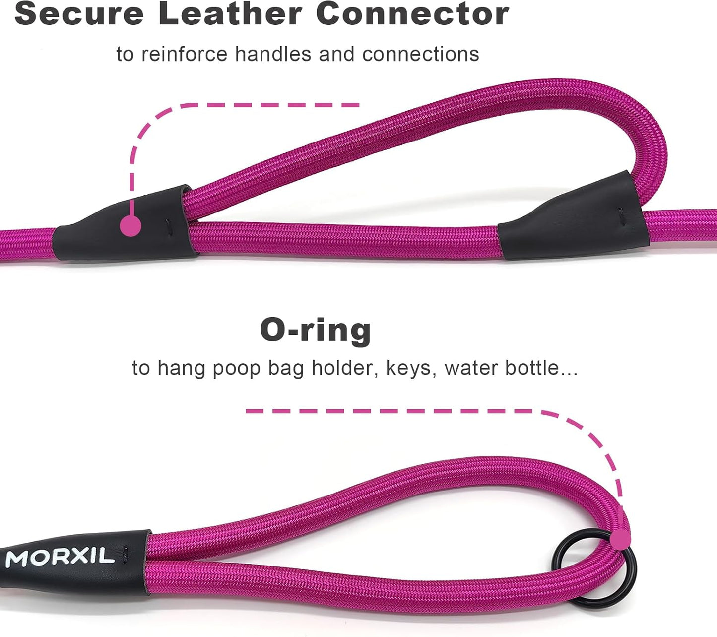 Rope Dog Leash with Two Handles, 6 Foot Heavy Duty Dog Leash with Aviation Aluminum Auto Locking Carabiner, Strong Nylon Pet Lead for Small, Medium, Large Dogs (Rose Red, 6FT-Two Handle)