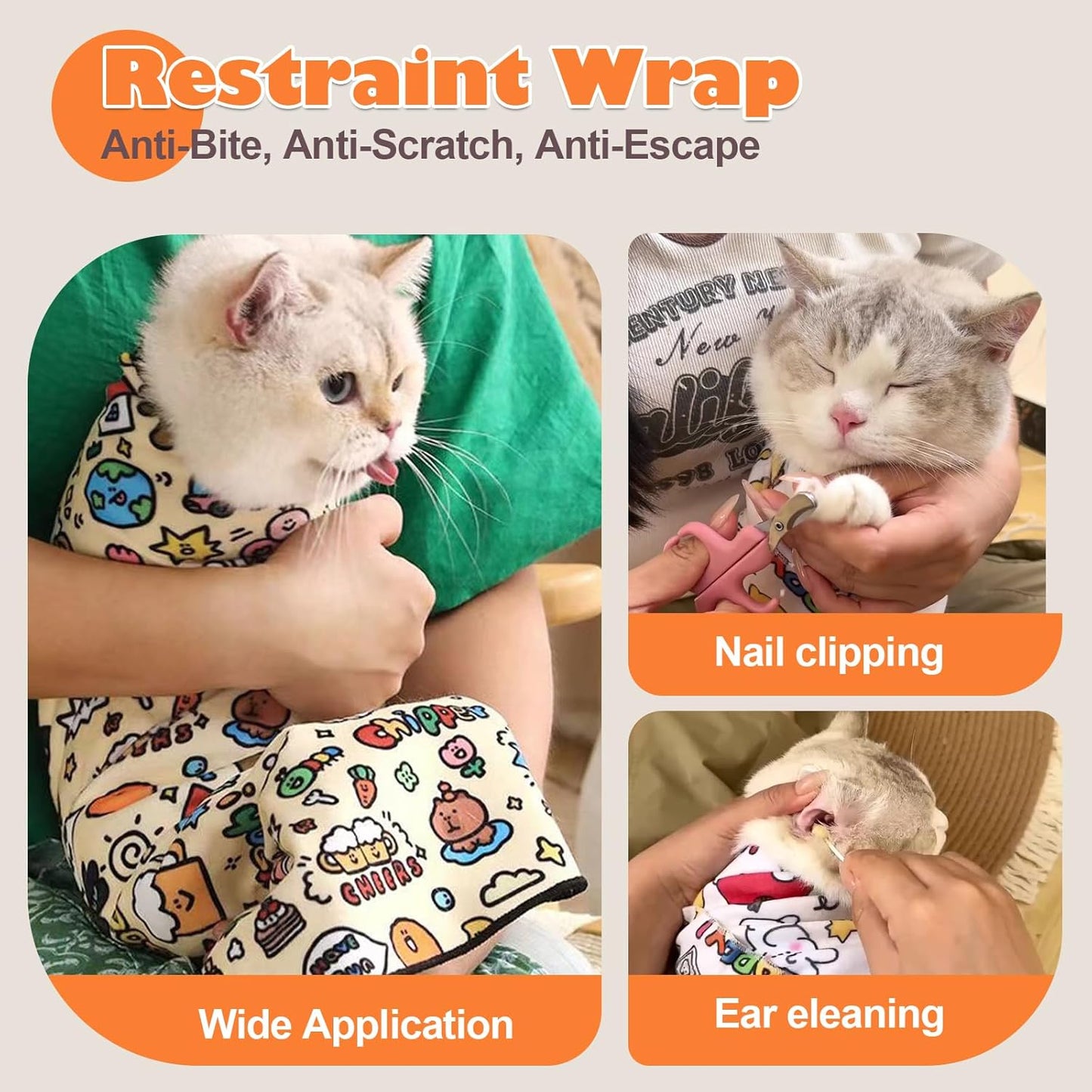 Cat Grooming Wrap, Cat Wrap Self-Adherent, Anti-Scratch Anti-Bite, Anti-Escape Grooming Bag for Cats Nail Clipping, Ear Cleaning, and Teeth Brushing (19.7 × 19.7" Paw Prints)