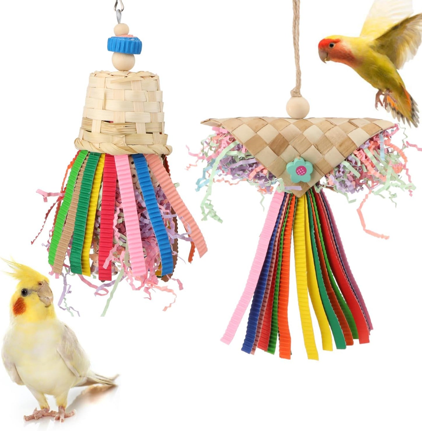 Wontee Bird Colorful Shredding Crinkles Foraging Toys Natural Sola Ball for Parrots Cockatiels Conures Budgies Senegal (Shredder Toys (2 Pack))