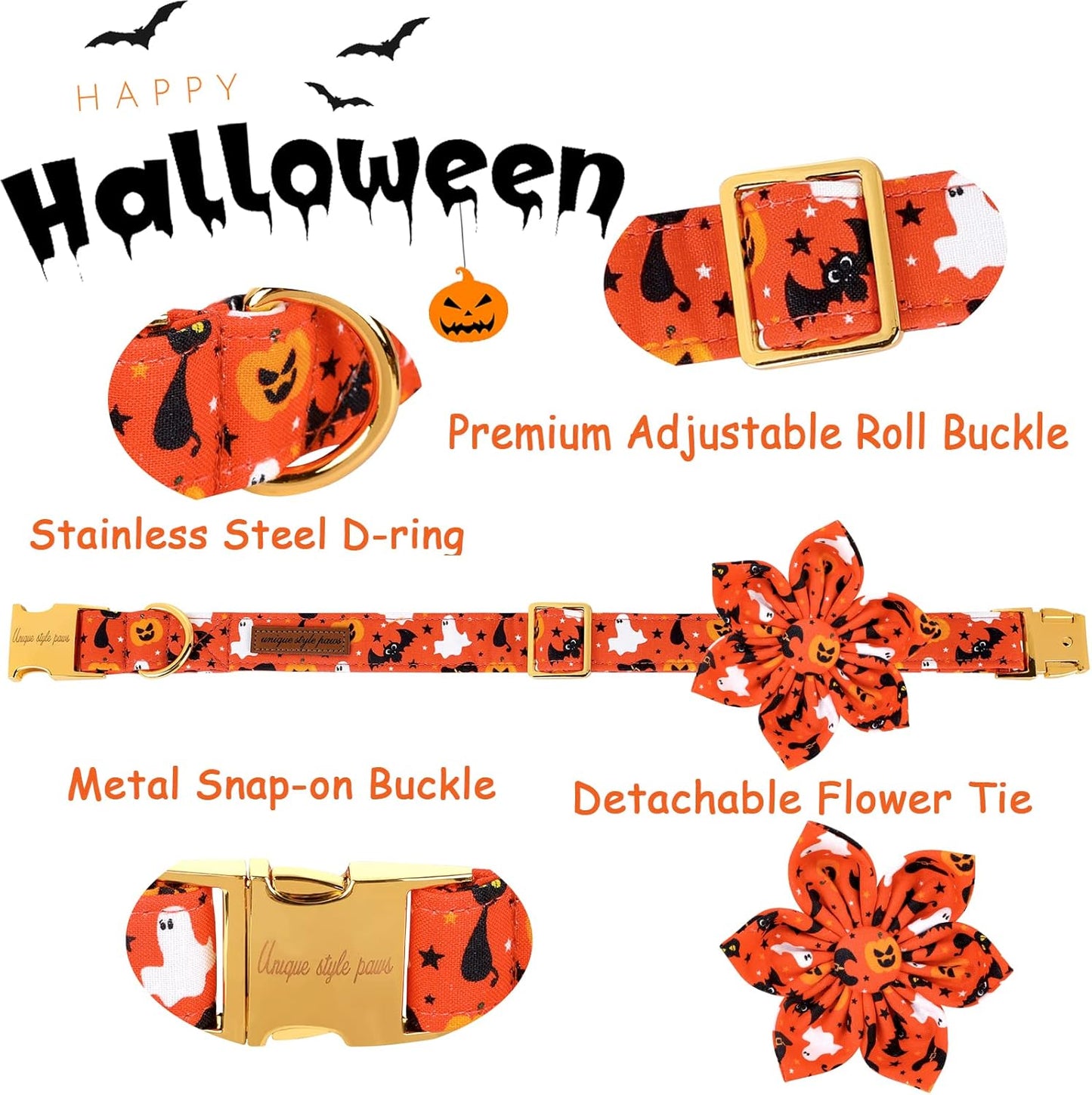 Unique style paws Halloween Dog Collar with Flower Tie Cotton Adjustable Puppy Collar for Small Medium Large Dogs-XL