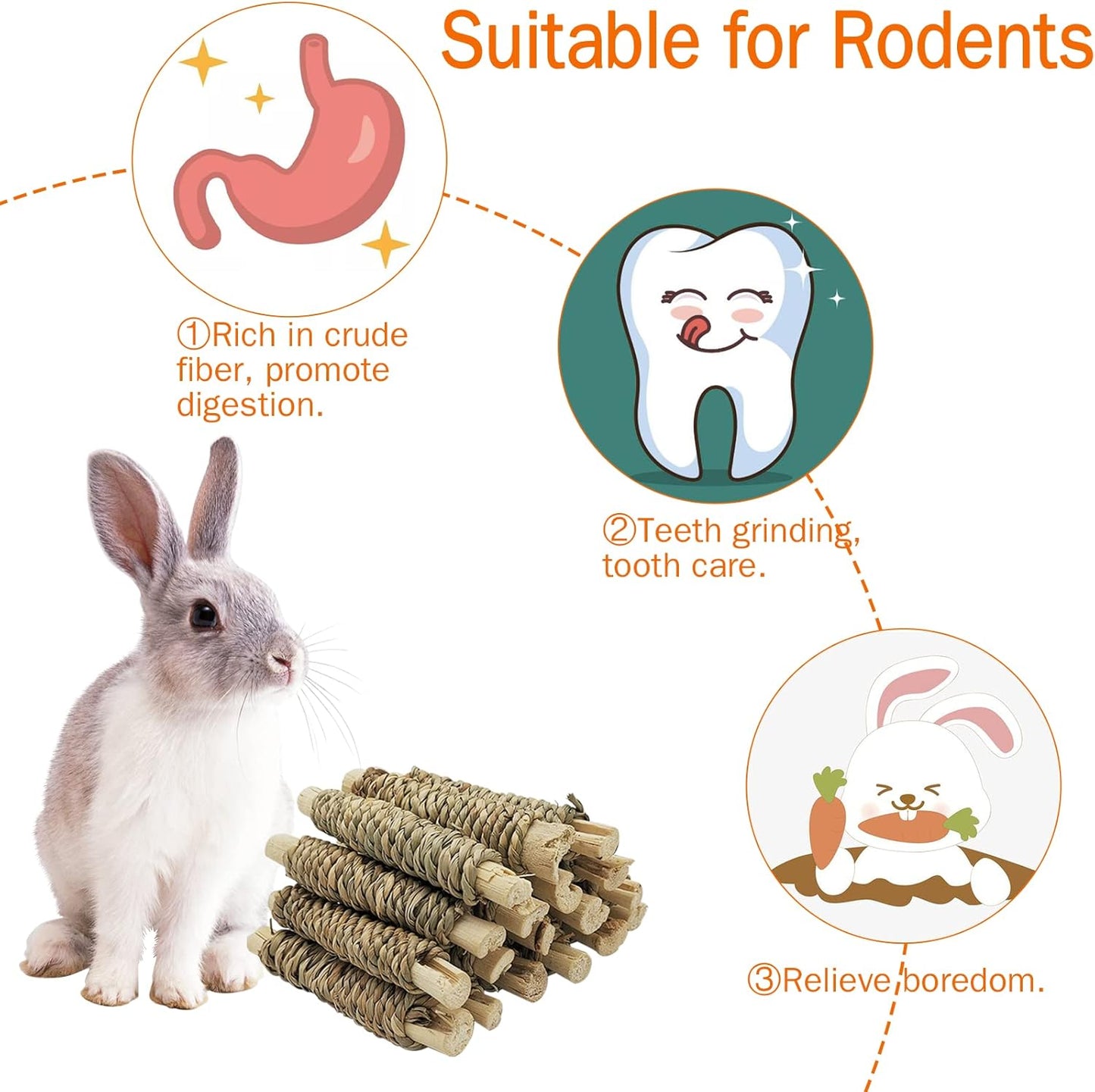 Fhiny 18 PCS Guinea Pig Chew Toys, Natural Seagrass Sweet Bamboo Molar Sticks for Teeth Bunny Chew Toys Cage Accessories for Rabbit Bunny Guinea Pig Chinchilla Hamster