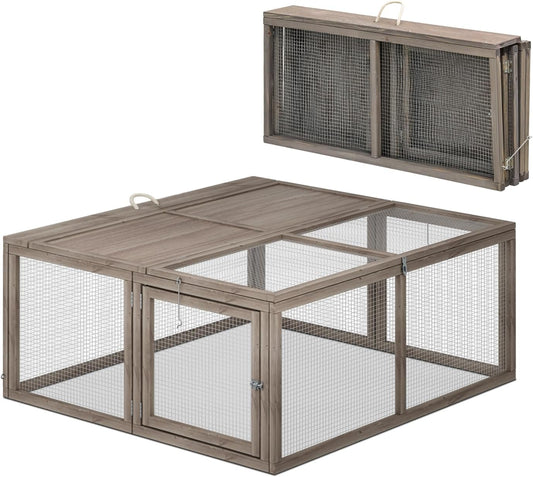 MoNiBloom Foldable Chicken Run Wood Chicken Coop Rabbit Hutch No Assembly Required Indoor/Outdoor Small Animal Nesting Box Portable Habitat Enclosure Spacious Pet Playpen 45.5 x 42.5 x 20 inch Grey