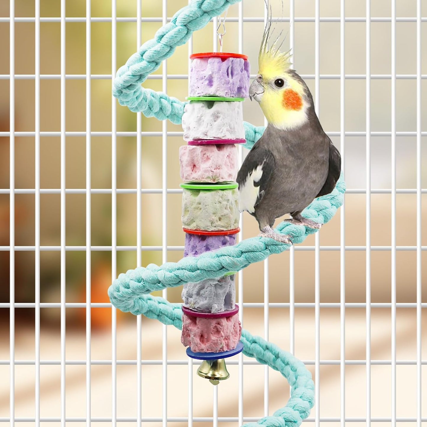 Bird Toys, Parakeet Toys with Bell, Parrot Toys, Bird Beak Grinding Stone, Bird Chew Toys for African Grey, Amazon Parrots, Budgies, Cockatiels, Lovebirds, Conures, Quakers, Small to Medium Birds