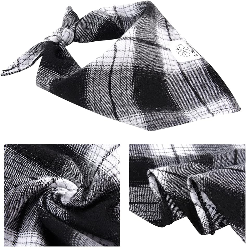 E-Clover Plaid Dog Scarf & Matching Scrunchie Set - Triangle Pet Bandana Bibs for Small Dog Puppy Owner Birthday Gifts - Black & White