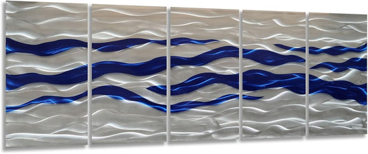 SYGALLERIER Abstract Coastal Metal Wall Art Handcrafted Big 3D Blue and Silver Artwork Modern Sea Waves Pictures Contemporary Sculpture for Living Room Bedroom Bathroom Decor
