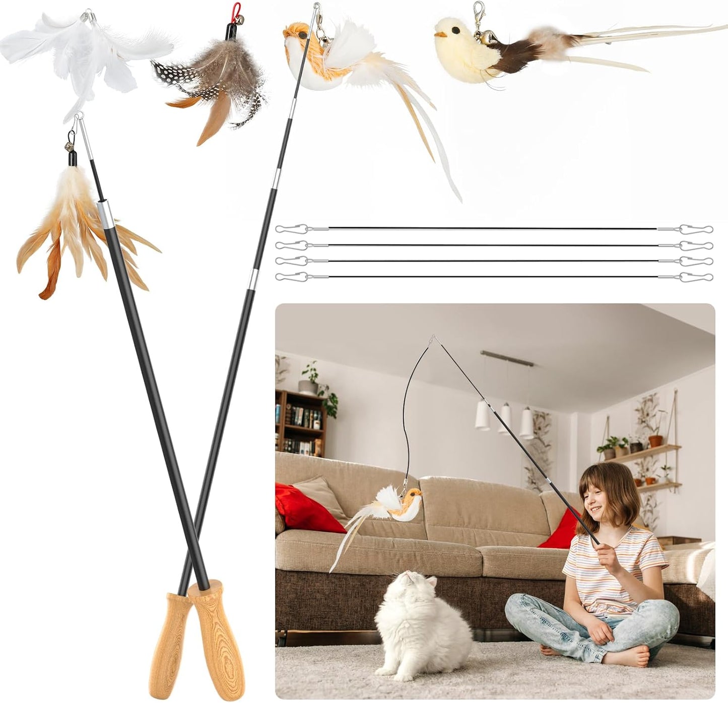 ROSAUI Cat Teaser Wand Toys, Interactive Bird Toy for Indoor Kittens, 53.15’’ Long Cat Fishing Pole Toys, 2X Wires and 5X Natural Refills, Sustainable Wooden Handles, Exercising, Playing