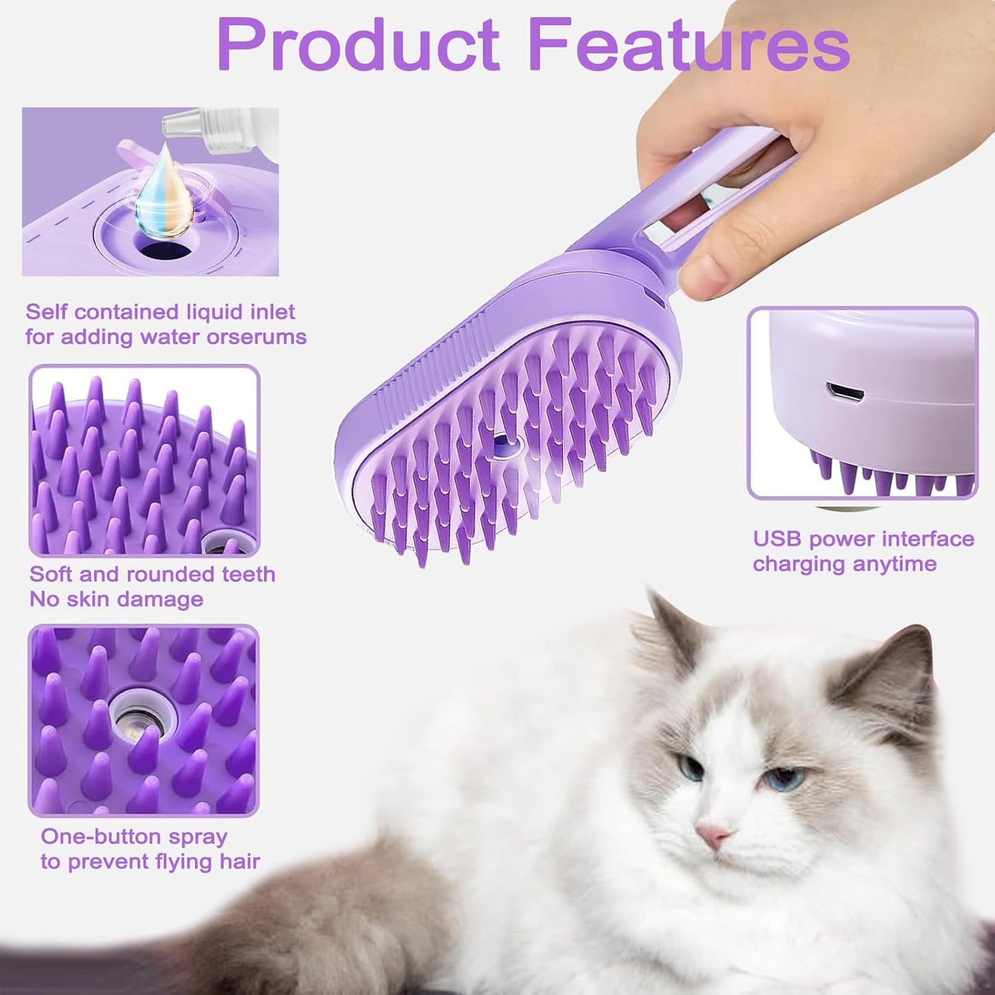 Cat Steam Brush for Shedding, 2025 New 4 in 1 Rechargeable Steam Pet Brushes for Cats & Dogs, Indoor Anti-static Pets Brush for Massage, Cleaning, Shedding & Combing Hair (Purple)