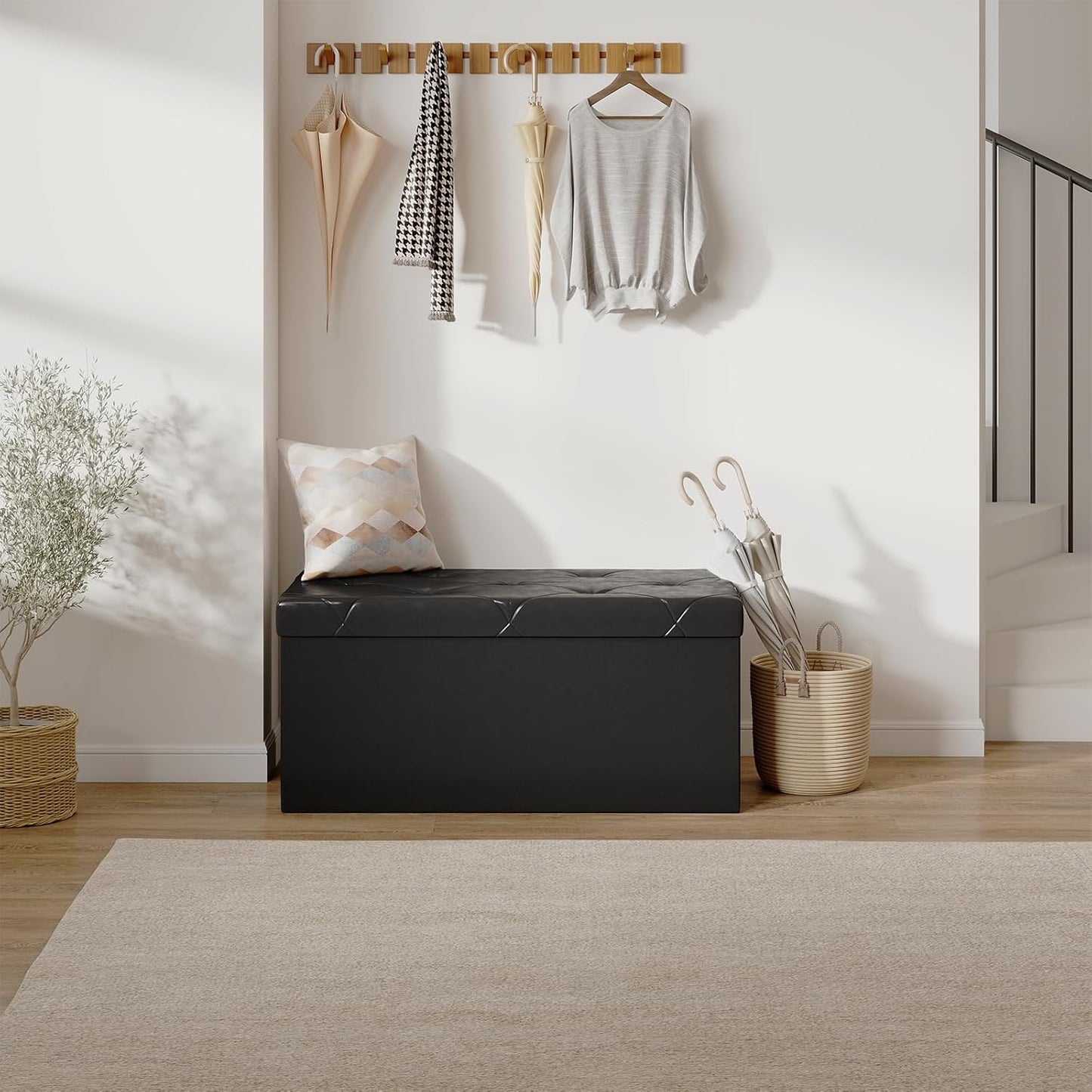 Sweetcrispy 30 Inches Folding Ottoman with Storage Bench, Foot Rest Stool, End of Bed Storage Bench Upholstered, Load 660 lbs, for Living Room, Lychee Grain Leather, Black