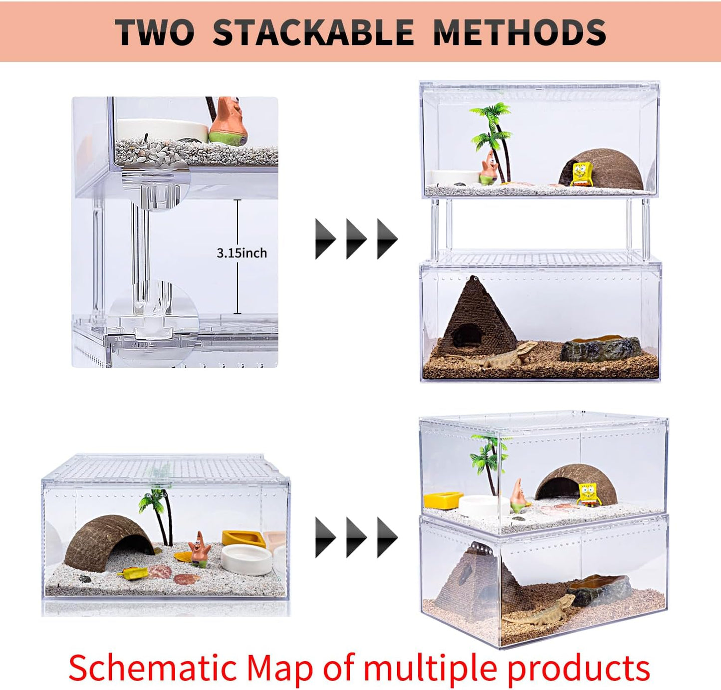 【No Assembly】 Reptile Tank Enclosure with Magnetic Button.12" * 8" * 6" Thicken Snake Enclosure Cage,Batch Stackable Reptile Breeding Tank for Insect,Fish,Tarantula,Hermit Crab,Jumping Spider