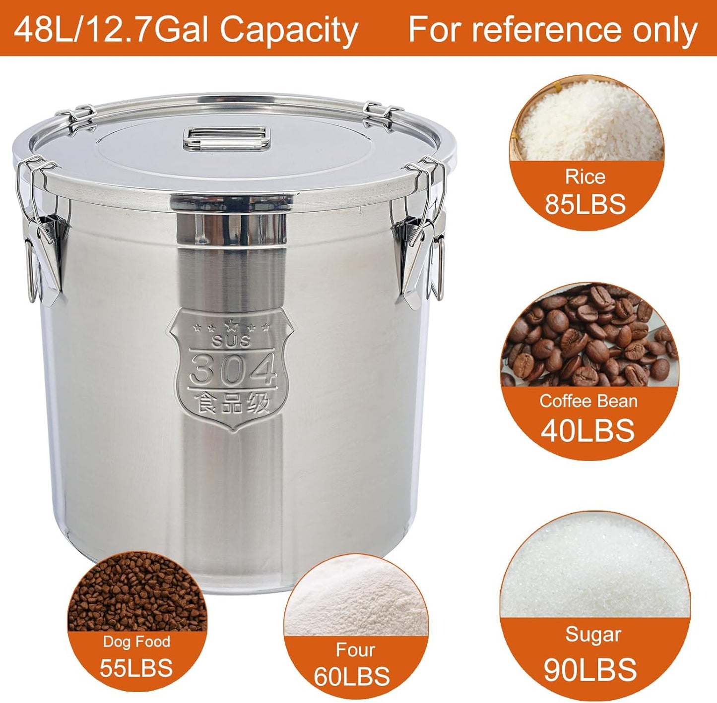 DYNAMI 12.7Gal 304 Stainless Steel Rice Storage Container,Extra Large Food Grade Canister,40-90Lbs Sealed Rice Bucket with Airtight Lid and Locking Buckle,for Rice, Flour, Grain (48L)