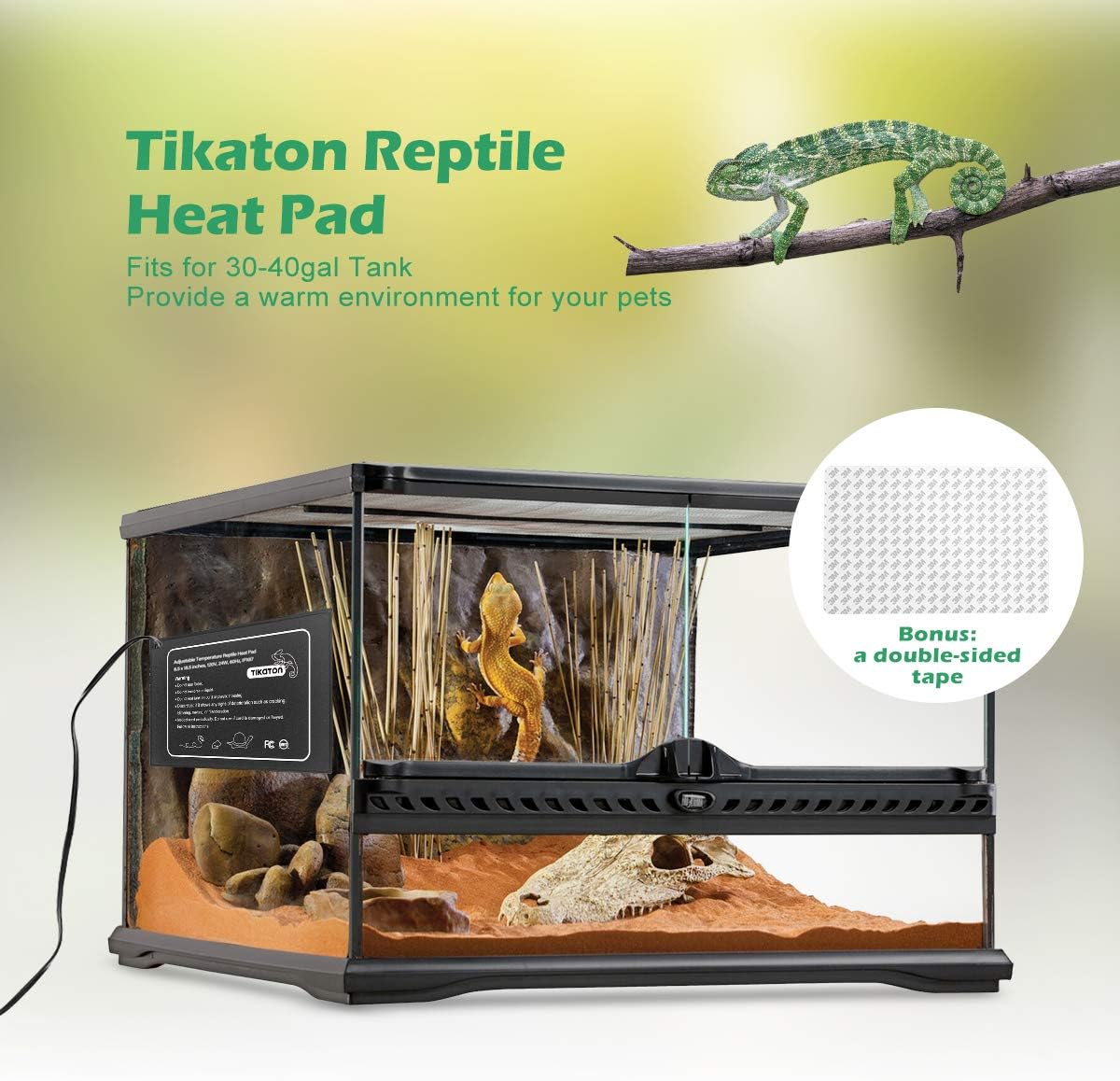 Tikaton Reptile Heat Pad - Adjustable Temperature Under Tank Heater for 10-20gal/30-40gal Tank, Terrarium Heat Mat for Turtle/Snake/Lizard/Frog/Spider/Plant Box