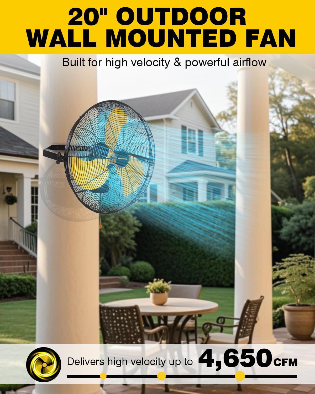 VENTISOL 20 Inch Waterproof Wall Mount Fan, High Velocity 3-Speeds 4650 CFM Heavy Duty for Home, Workshop, Industrial, Barn, Greenhouse, ETL Listed
