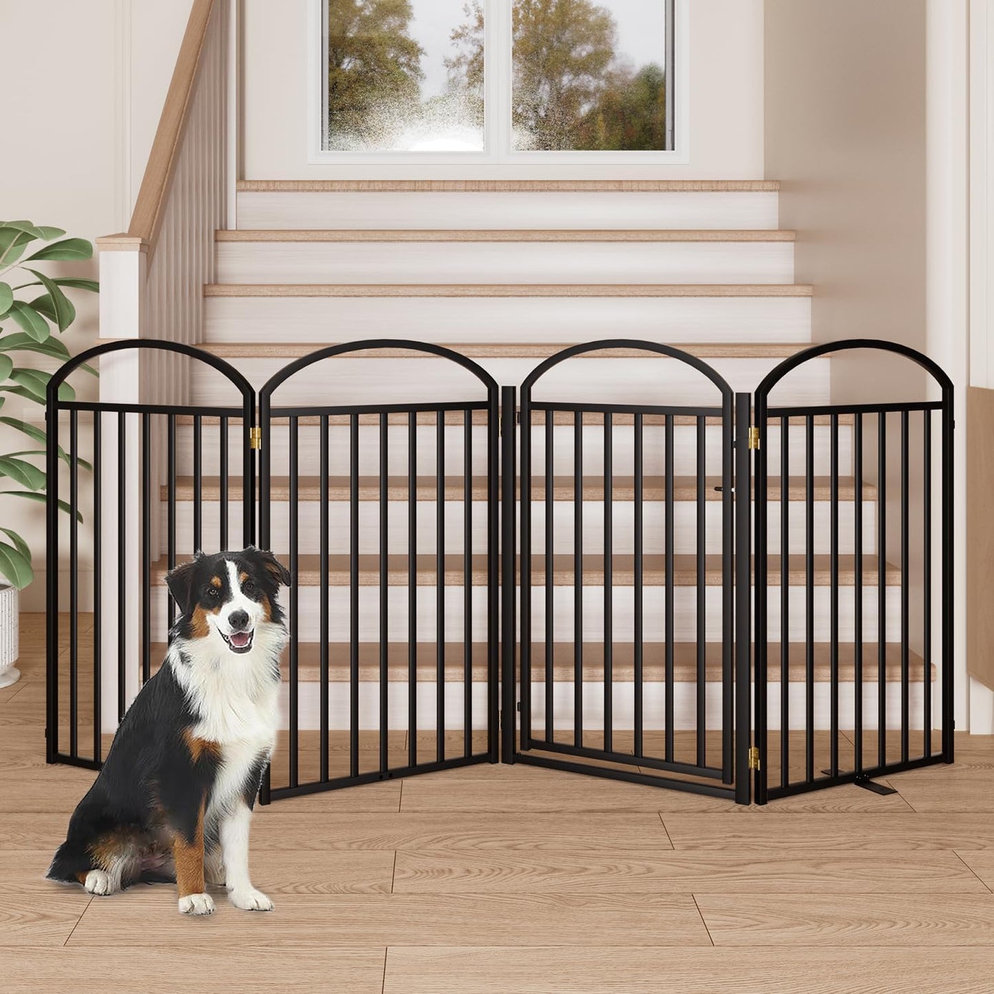 4 Panles Full Matel Freestanding Dog Gates with Door, 96"Extra Wide 36"Tall Free Standing Dog Pet Gate for Indoor & Outdoor. Foldable Pet Fences for Doorways, House, Stairs, Porch, Deck, Yard