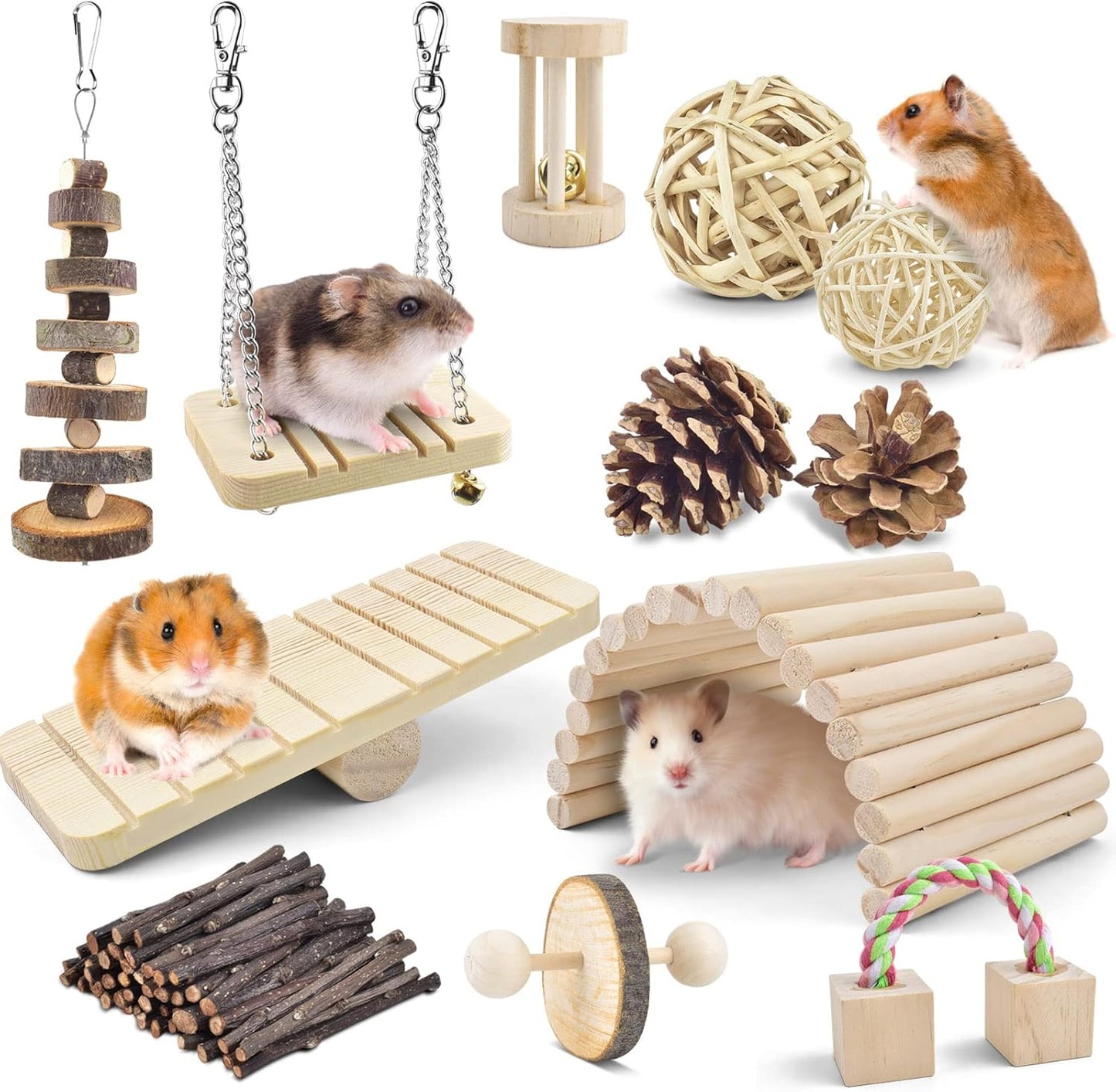 ERKOON New 12 Pack Hamster Chew Toys Gerbil Rat Guinea Pig Chinchilla Chew Toys Accessories, Natural Wooden Dumbbells Exercise Bell Roller Teeth Care Molar Toy for Rabbits Bird Rabbits Hamster Gerbil