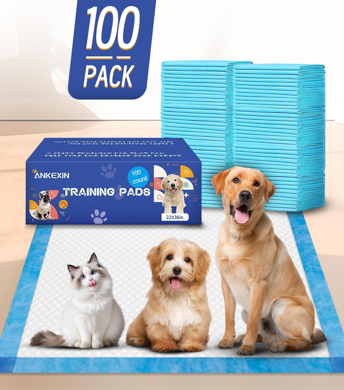 Large Puppy Pee Pads 22x36 Inch 100-Pack | Extra Absorbent Potty Training Pads for Dogs | Leakproof Quick-Dry & Odor Blocking Pet Housebreaking Supplies